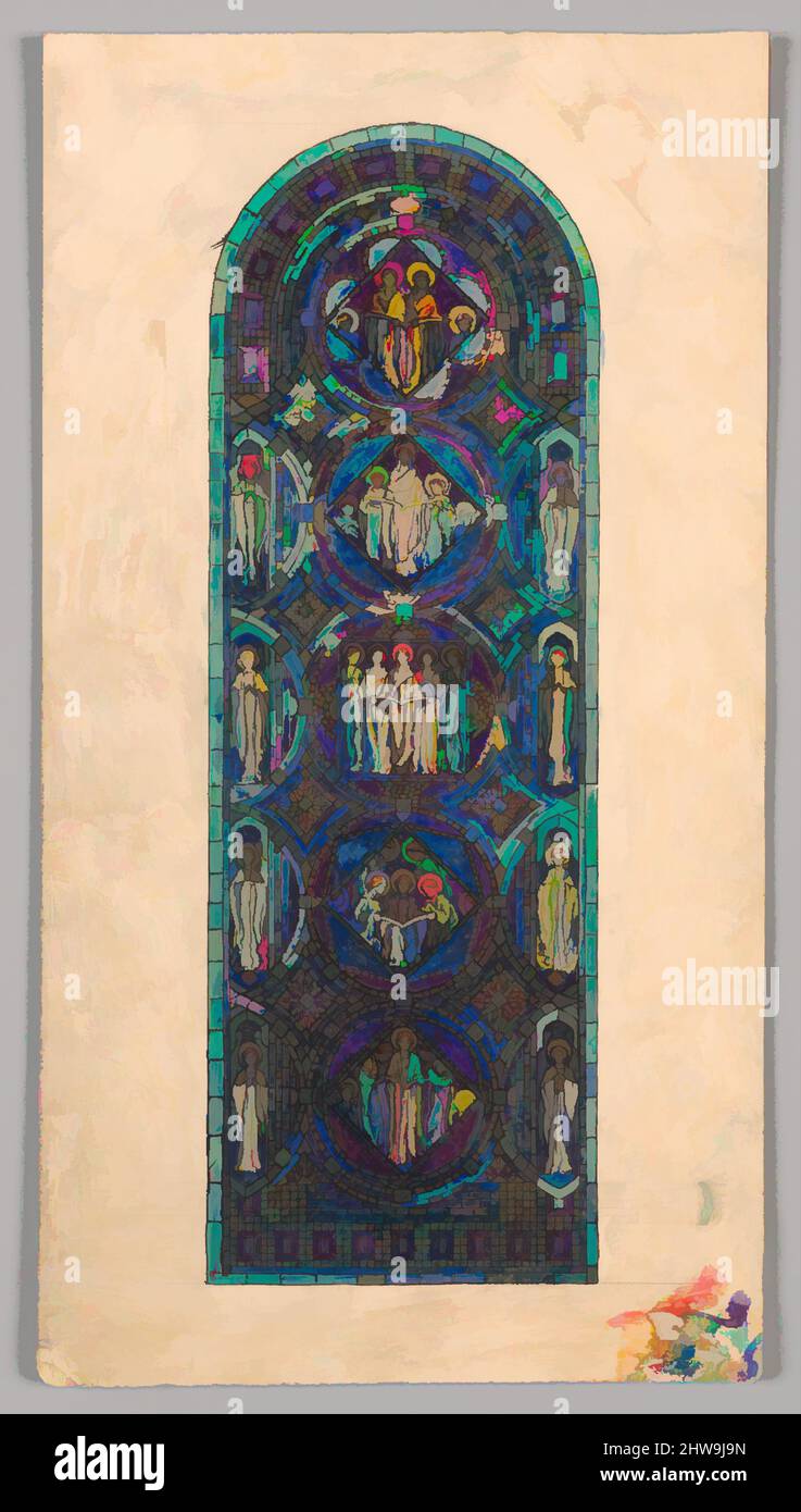 Art inspired by Design for 'Angels of Praise' window, late 19th–early 20th century, Made in New York, United States, American, Watercolor, gouache, and ink on paper mounted on board in original matt, Overall: 21 5/8 x 11 1/16 in. (54.9 x 28.1 cm), Drawings, Possibly Tiffany Glass, Classic works modernized by Artotop with a splash of modernity. Shapes, color and value, eye-catching visual impact on art. Emotions through freedom of artworks in a contemporary way. A timeless message pursuing a wildly creative new direction. Artists turning to the digital medium and creating the Artotop NFT Stock Photo