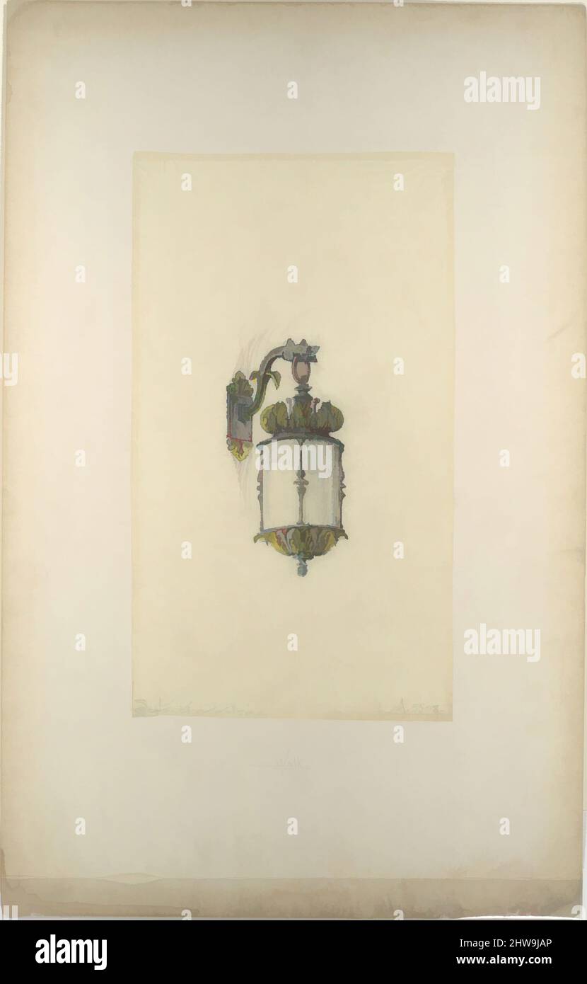 Art inspired by Design for hanging wall-mounted lantern, late 19th–early 20th century, Made in New York, United States, American, Graphite, colored pencil, and gouache drawing on tracing paper on board, Storage (mat size): 28 × 22 in. (71.1 × 55.9 cm), Drawings, Possibly Tiffany Glass, Classic works modernized by Artotop with a splash of modernity. Shapes, color and value, eye-catching visual impact on art. Emotions through freedom of artworks in a contemporary way. A timeless message pursuing a wildly creative new direction. Artists turning to the digital medium and creating the Artotop NFT Stock Photo
