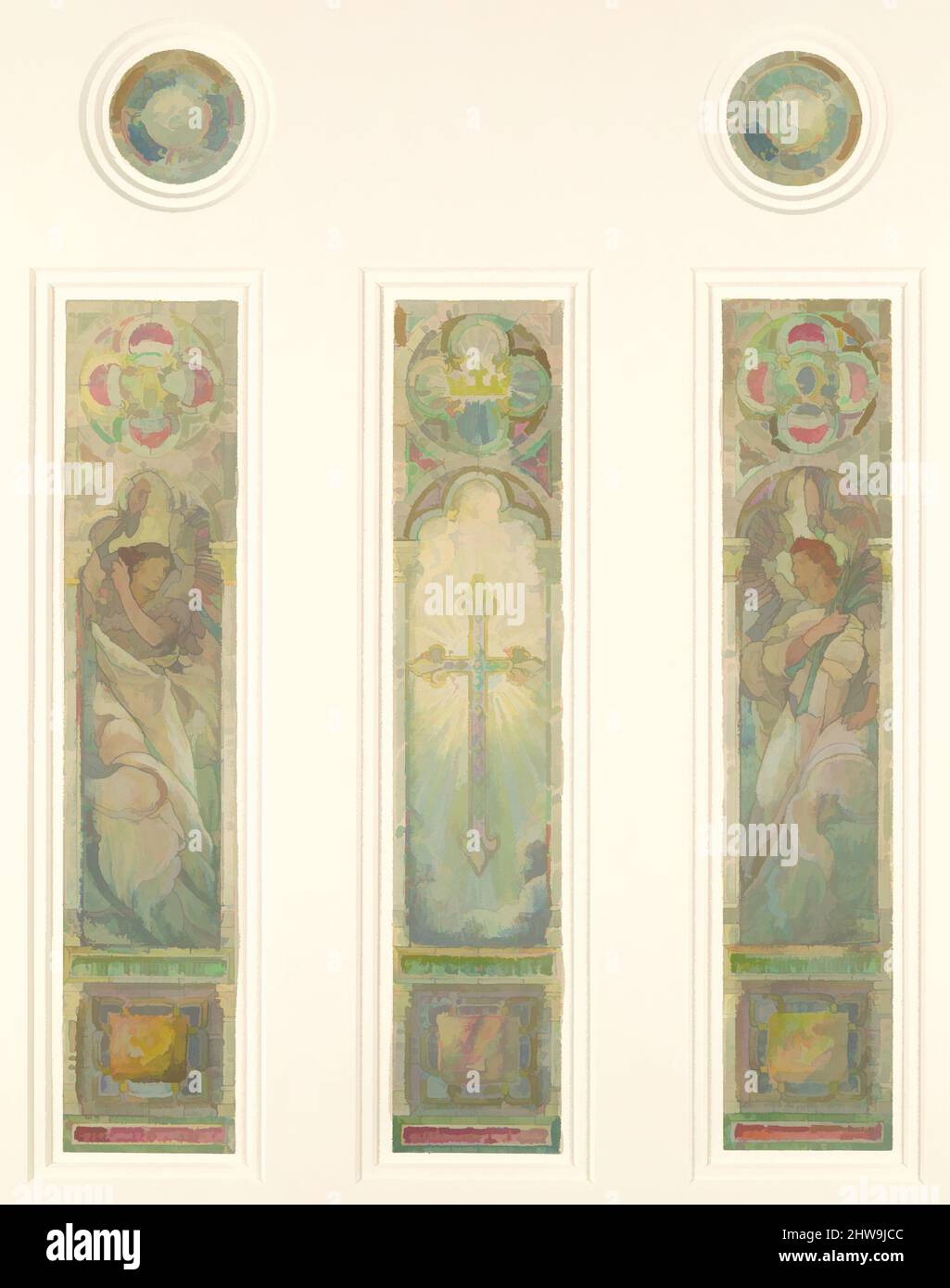 Art inspired by Design for triple light window, late 19th–early 20th century, Made in New York, United States, American, Watercolor, gouache, colored pencil, silver gelatin photograph on paper, and graphite, adhered to off-white wove paper cut into three rectangular windows and two, Classic works modernized by Artotop with a splash of modernity. Shapes, color and value, eye-catching visual impact on art. Emotions through freedom of artworks in a contemporary way. A timeless message pursuing a wildly creative new direction. Artists turning to the digital medium and creating the Artotop NFT Stock Photo
