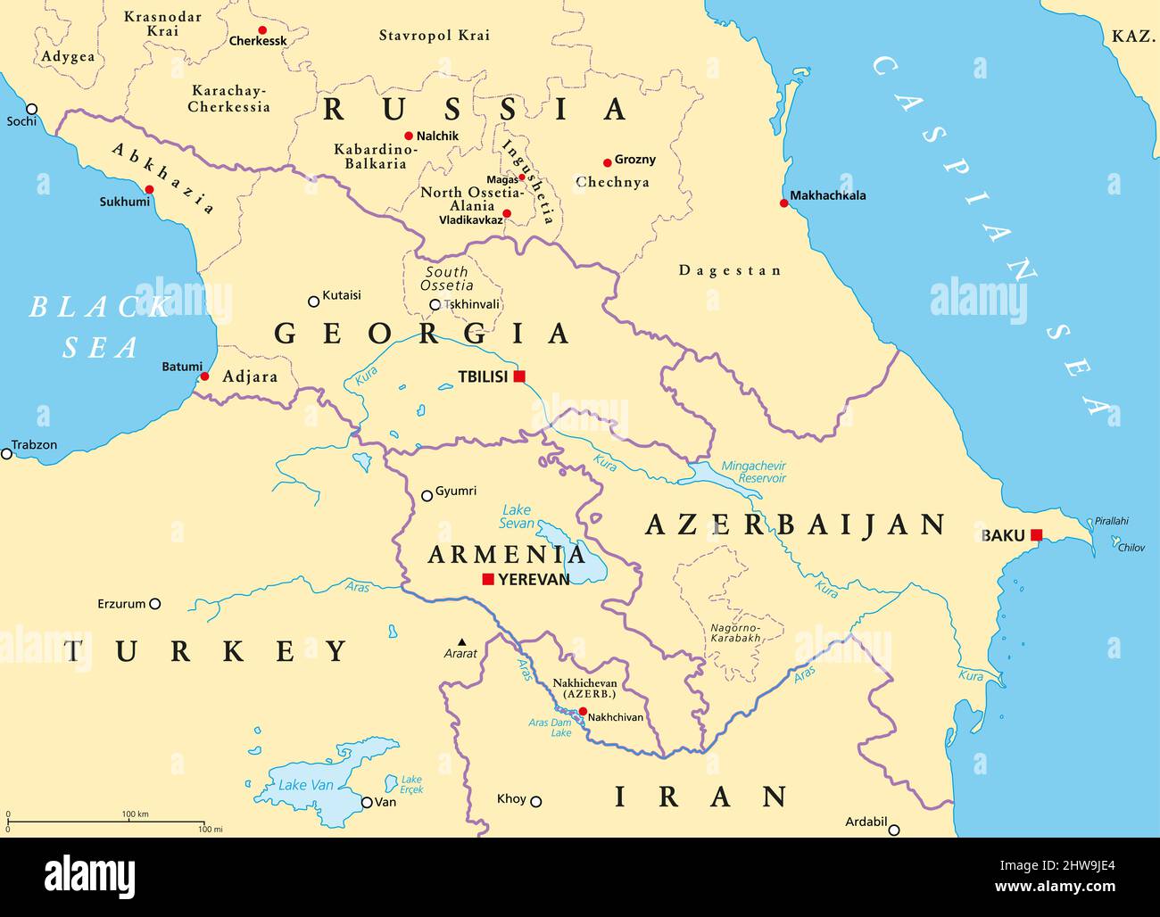Caucasus, Caucasia, political map. Region between Black and Caspian Sea, mainly occupied by Armenia, Azerbaijan, Georgia, and parts of Southern Russia. Stock Photo
