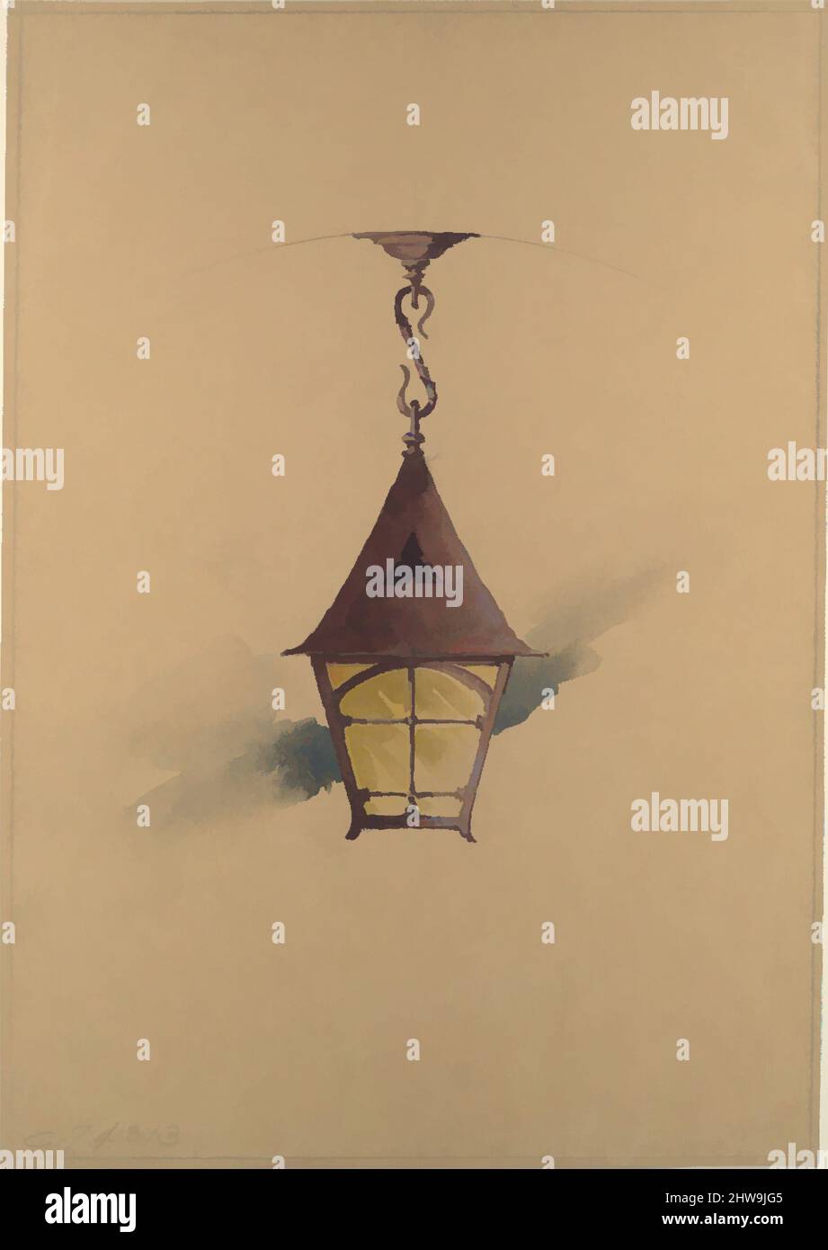 Art inspired by Design for hanging light fixture, late 19th–early 20th century, Made in New York, United States, American, Watercolor, colored pencil, and graphite on tan wove paper with vertical grain direction, Overall: 22 1/8 x 15 1/16 in. (56.3 x 38.3 cm), Drawings, Possibly, Classic works modernized by Artotop with a splash of modernity. Shapes, color and value, eye-catching visual impact on art. Emotions through freedom of artworks in a contemporary way. A timeless message pursuing a wildly creative new direction. Artists turning to the digital medium and creating the Artotop NFT Stock Photo