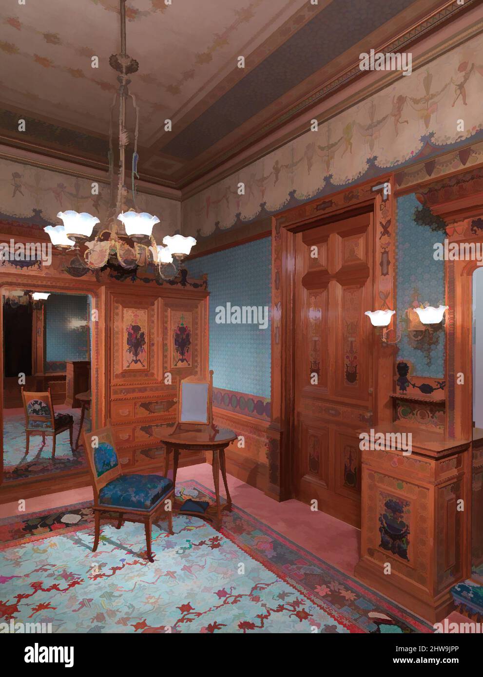 Art inspired by Architectural woodwork and paneling, 1881–82, Made in New York, New York, United States, American, Satinwood, purpleheart, mother-of-pearl, silver-plated brass, mirrored glass, marble, and reproduction upholstery, Architecture, George A. Schastey & Co. (1873–97), George, Classic works modernized by Artotop with a splash of modernity. Shapes, color and value, eye-catching visual impact on art. Emotions through freedom of artworks in a contemporary way. A timeless message pursuing a wildly creative new direction. Artists turning to the digital medium and creating the Artotop NFT Stock Photo