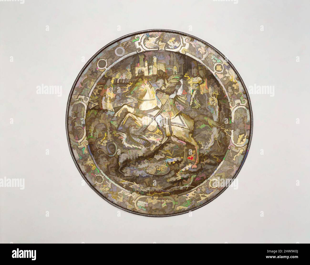 Art inspired by Shield Depicting Saint George Slaying the Dragon, ca. 1560–70, Milan, Italian, Milan, Steel, gold, silver, Diam. 23 1/4 in. (59.1 cm); D. at center 3 1/16 in. (7.8 cm); Wt. 8 lb. 6 oz. (3810 g), Shields, Classic works modernized by Artotop with a splash of modernity. Shapes, color and value, eye-catching visual impact on art. Emotions through freedom of artworks in a contemporary way. A timeless message pursuing a wildly creative new direction. Artists turning to the digital medium and creating the Artotop NFT Stock Photo