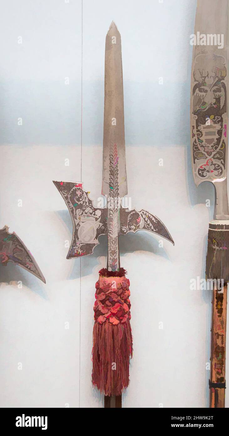 Art inspired by Halberd of Prince Karl I of Liechtenstein (1569–1627), ca. 1620–23, German, Steel, wood, textile, L. 93 in. (236.22 cm); L. of head (excluding straps) 22 1/4 in. (56.52 cm); W. 9 3/4 in. (24.77 cm); Wt. 5 lb. 2 oz. (2325 g), Shafted Weapons, Classic works modernized by Artotop with a splash of modernity. Shapes, color and value, eye-catching visual impact on art. Emotions through freedom of artworks in a contemporary way. A timeless message pursuing a wildly creative new direction. Artists turning to the digital medium and creating the Artotop NFT Stock Photo