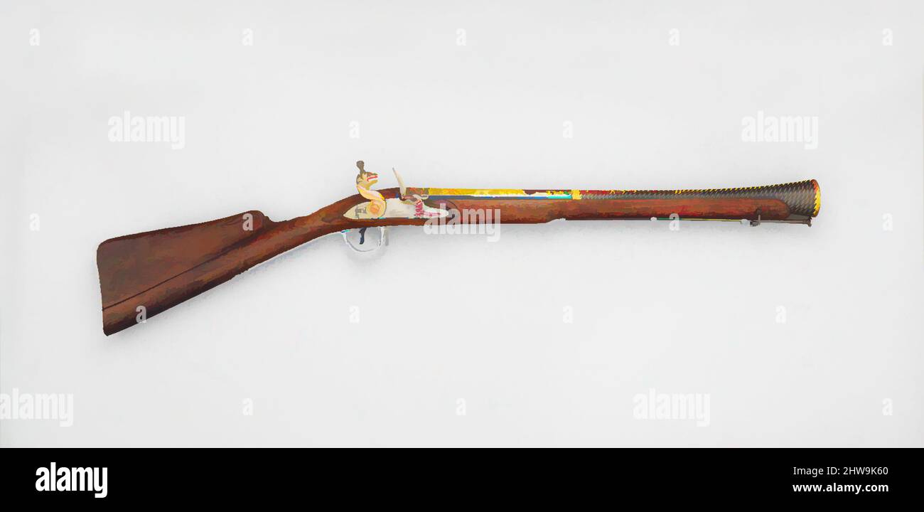 Art inspired by Flintlock Blunderbuss, dated Mauludi era 1222/A.D. 1793–94, Seringapatam, Indian, Seringapatam, Steel, wood, gold, silver, L. 37 1/2 in. (95.3 cm); L. of barrel 21 1/8 in. (53.8 cm); Cal. 1.75 (53.8 cm) Wt. 6 lb. 4 oz. (2831 g), Firearms, This gun was made in, Classic works modernized by Artotop with a splash of modernity. Shapes, color and value, eye-catching visual impact on art. Emotions through freedom of artworks in a contemporary way. A timeless message pursuing a wildly creative new direction. Artists turning to the digital medium and creating the Artotop NFT Stock Photo