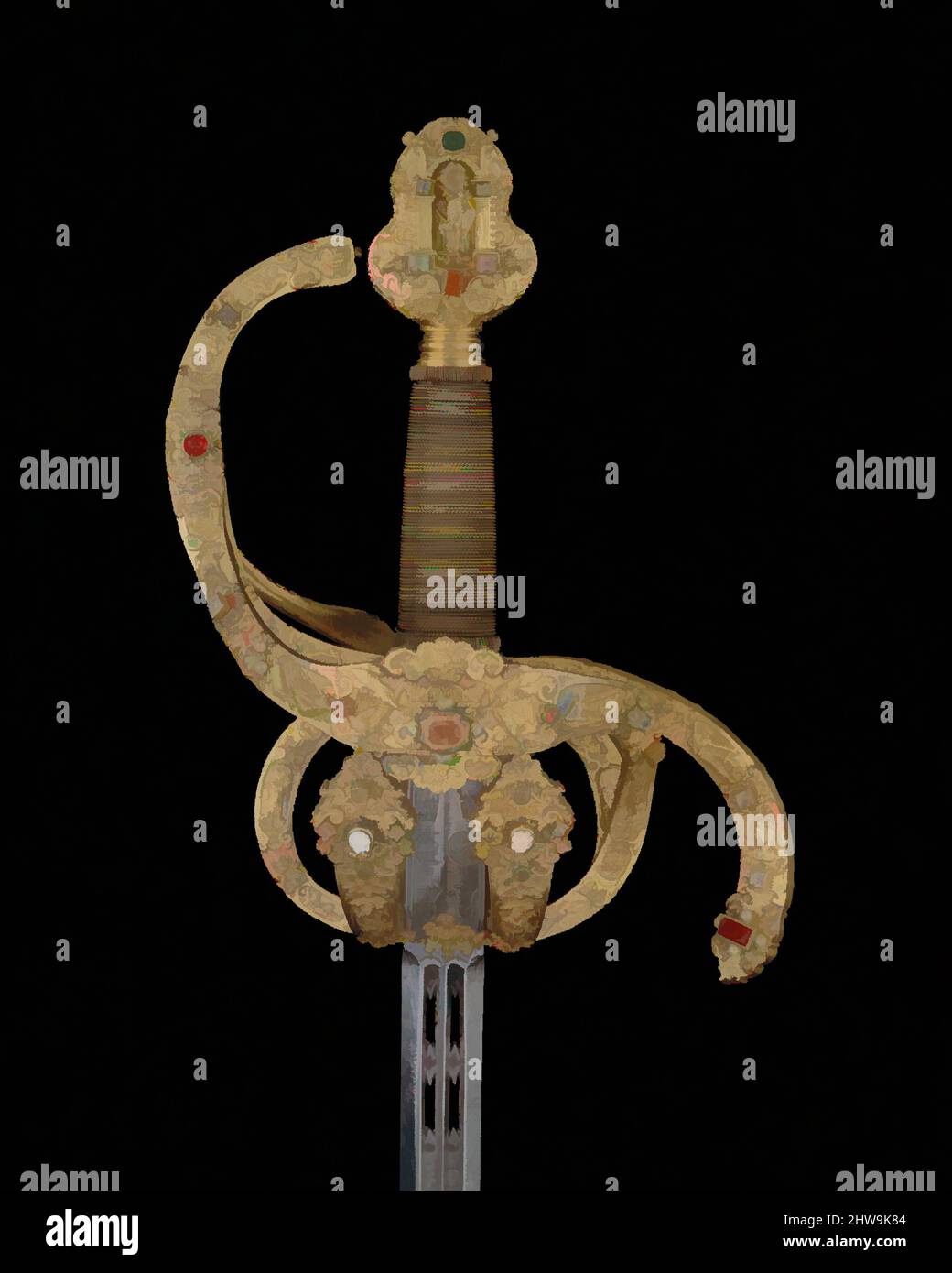 Art inspired by Rapier of Prince-Elector Christian II of Saxony (1583–1611), dated 1606, Dresden; Toledo, hilt, German, Dresden; blade, Spanish, Toledo, Steel, bronze, gold, enamel, paste jewels, cameos, pearls, wood, L. 48 in. (121.9 cm); L. of blade 41 1/4 in. (104.8 cm); W. 6 3/4 in, Classic works modernized by Artotop with a splash of modernity. Shapes, color and value, eye-catching visual impact on art. Emotions through freedom of artworks in a contemporary way. A timeless message pursuing a wildly creative new direction. Artists turning to the digital medium and creating the Artotop NFT Stock Photo