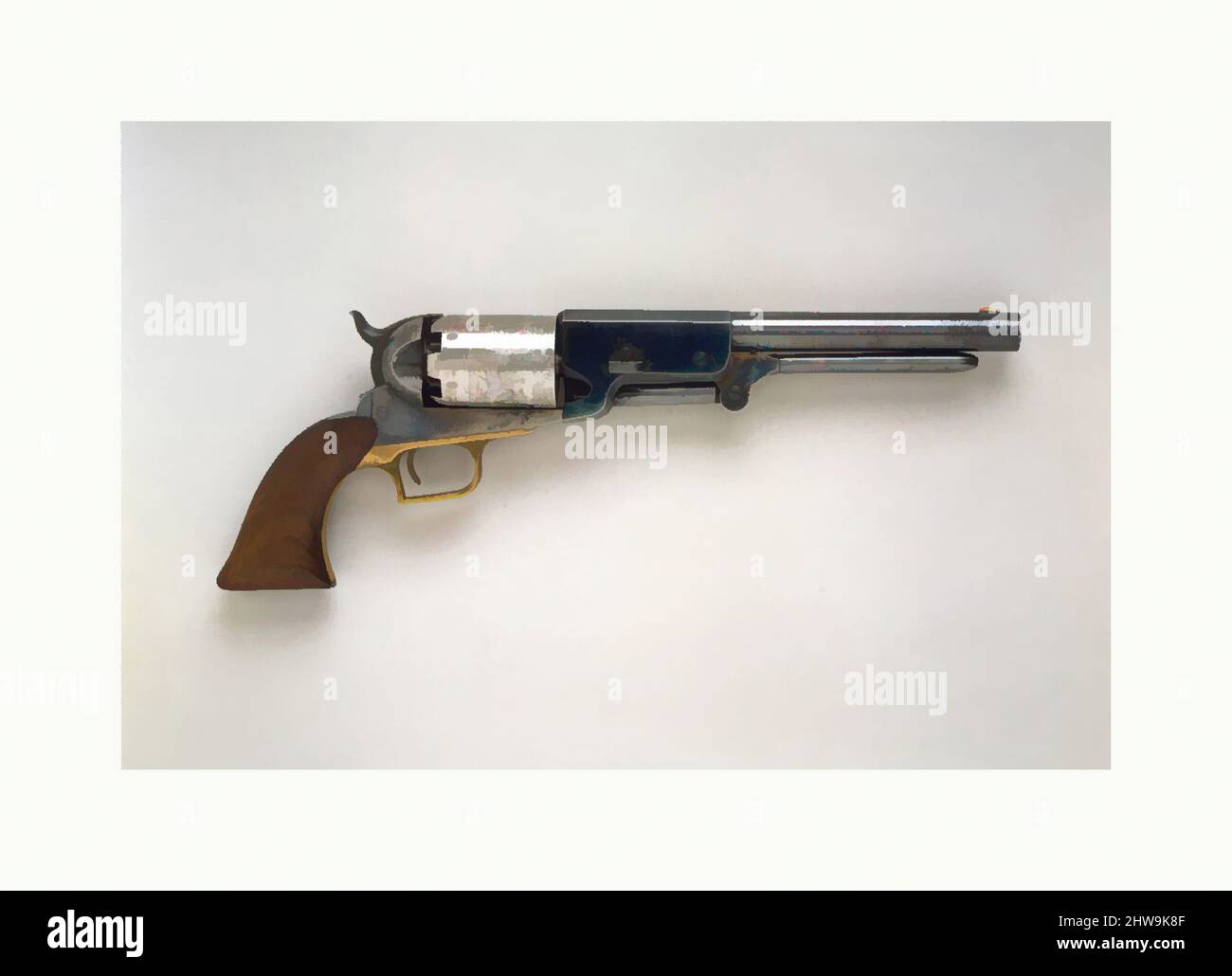 Art inspired by Colt Walker Percussion Revolver, serial no. 1017, 1847, Whitneyville, Connecticut, American, Whitneyville, Connecticut, Steel, brass, wood (walnut), L. 15 1/2 in. (39.37 cm); L. of barrel 9 in. (22.86 cm); Cal. .44 in. (11 mm), Firearms-Pistols-Revolvers, Colt Walkers, Classic works modernized by Artotop with a splash of modernity. Shapes, color and value, eye-catching visual impact on art. Emotions through freedom of artworks in a contemporary way. A timeless message pursuing a wildly creative new direction. Artists turning to the digital medium and creating the Artotop NFT Stock Photo