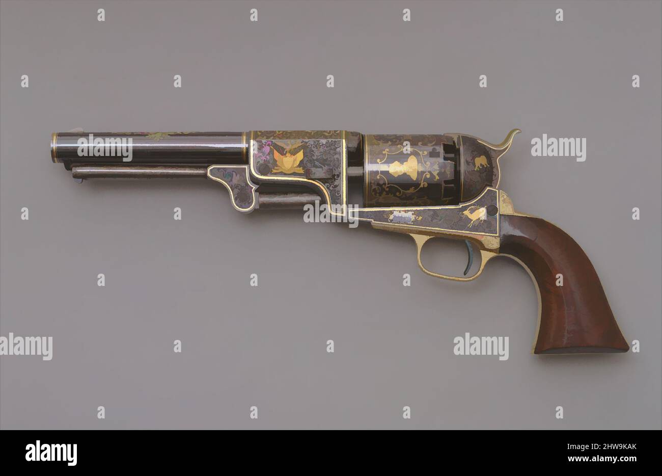 Art inspired by Colt Third Model Dragoon Percussion Revolver, Serial Number 12406, ca. 1853, Hartford, Connecticut, American, Hartford, Connecticut, Steel, brass, gold, wood (walnut), L. 14 in. (35.6 cm); L. of barrel 7 1/2 in. (19.1 cm); Cal. .44 in. (11.2 mm); case; H. 3 in. (7.6 cm, Classic works modernized by Artotop with a splash of modernity. Shapes, color and value, eye-catching visual impact on art. Emotions through freedom of artworks in a contemporary way. A timeless message pursuing a wildly creative new direction. Artists turning to the digital medium and creating the Artotop NFT Stock Photo