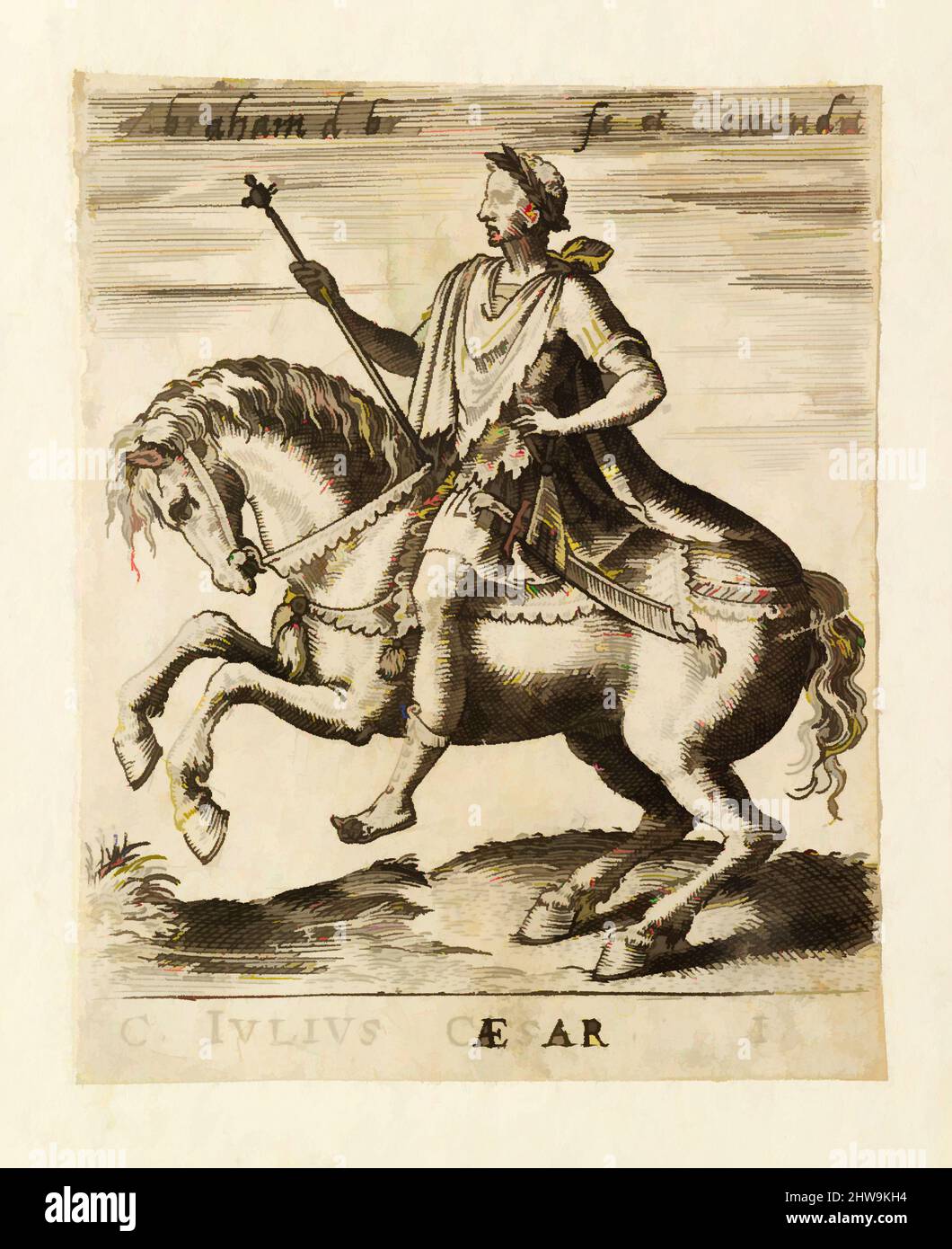 Art inspired by Drawings and Prints, Print, C. Julius Caesar from Twelve Caesars on Horseback, Artist, Abraham de Bruyn, Flemish, Antwerp 1540, Classic works modernized by Artotop with a splash of modernity. Shapes, color and value, eye-catching visual impact on art. Emotions through freedom of artworks in a contemporary way. A timeless message pursuing a wildly creative new direction. Artists turning to the digital medium and creating the Artotop NFT Stock Photo