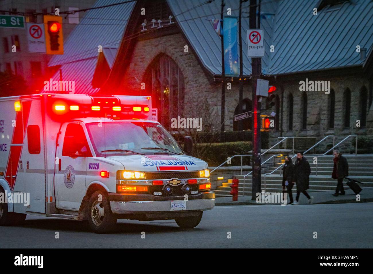 Ambulance, red flashing lights, Vancouver, British Columbia, Canada