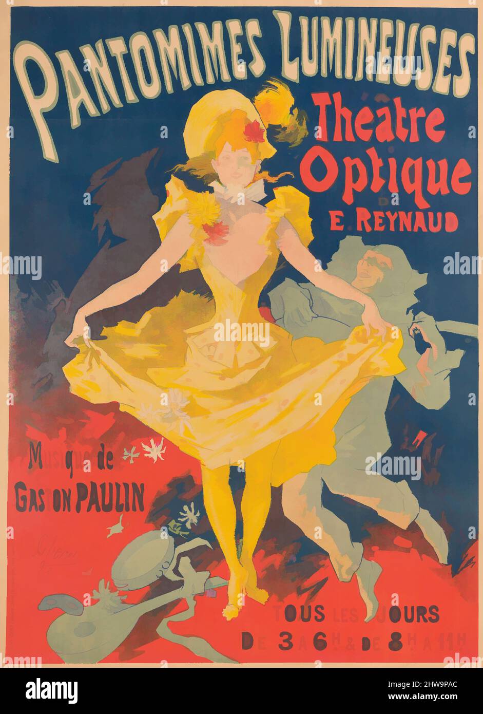 Art inspired by Drawings and Prints, Poster, Musée Grévin, Pantomimes Lumineuses, Théâtre optique de E. Reynaud, musique de Gaston Paulin, Classic works modernized by Artotop with a splash of modernity. Shapes, color and value, eye-catching visual impact on art. Emotions through freedom of artworks in a contemporary way. A timeless message pursuing a wildly creative new direction. Artists turning to the digital medium and creating the Artotop NFT Stock Photo