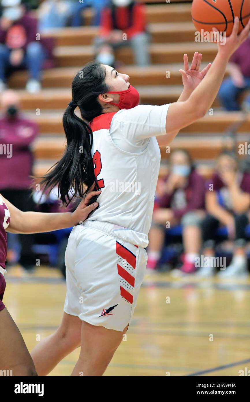 USA. Player releasing a layup from the paint. Stock Photo