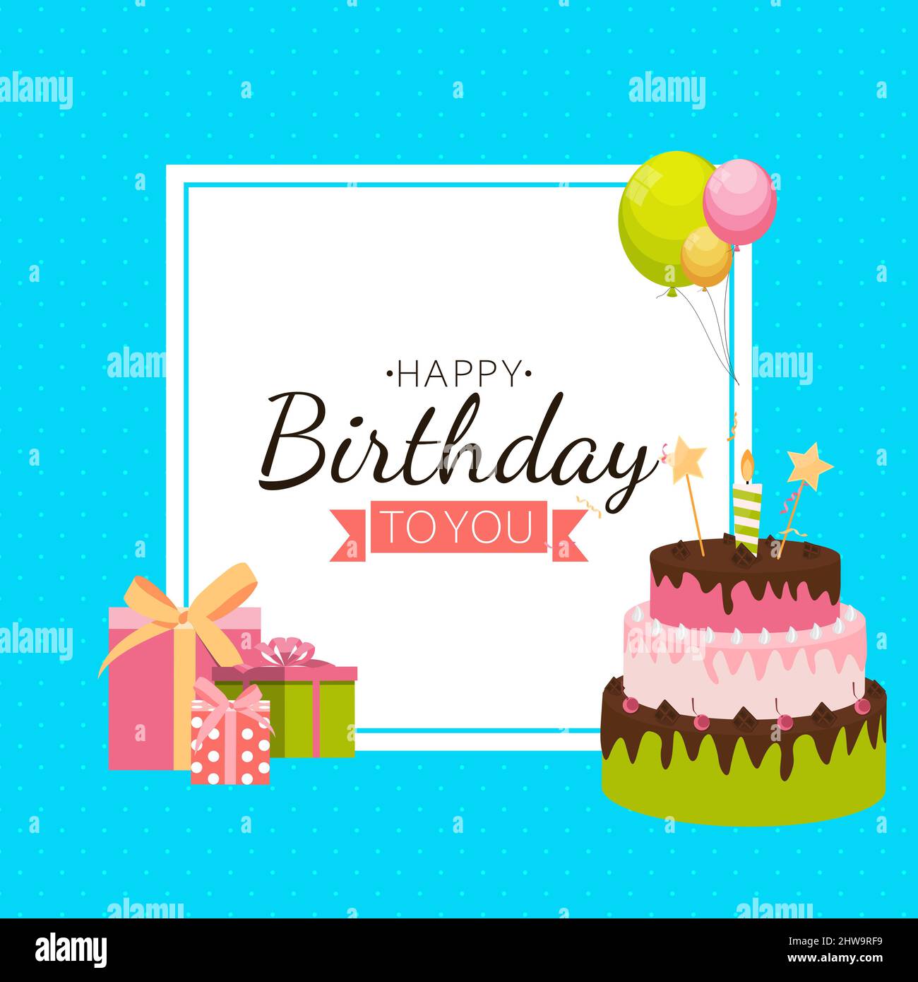 Cute Happy Birthday Background with Gift Box, Cake and Candles. Design ...