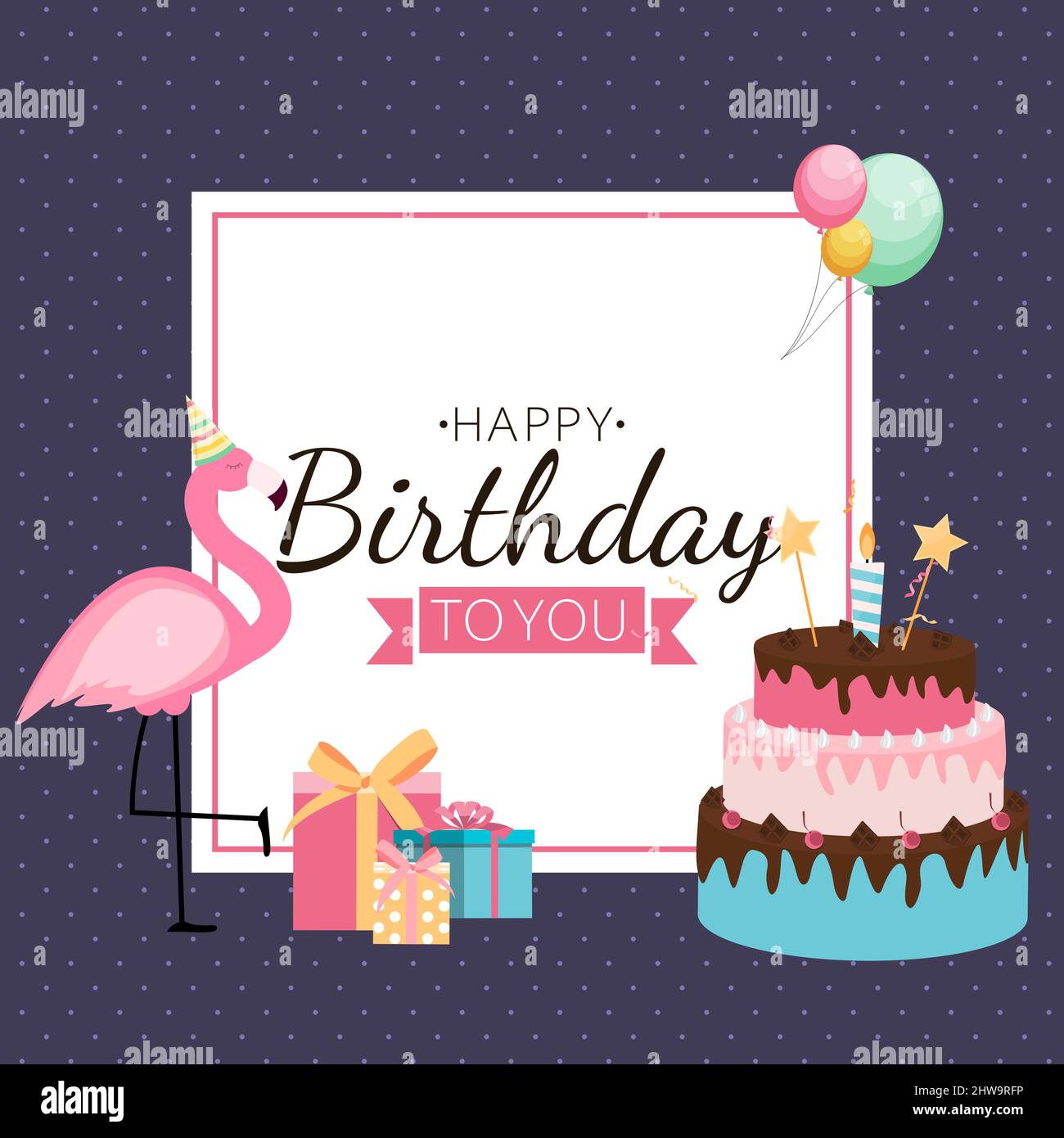 Cute Happy Birthday Background with PInk Flamingo, Cake and Candles. Design  Element for Party Invitation, Congratulation. Illustration Stock Photo -  Alamy