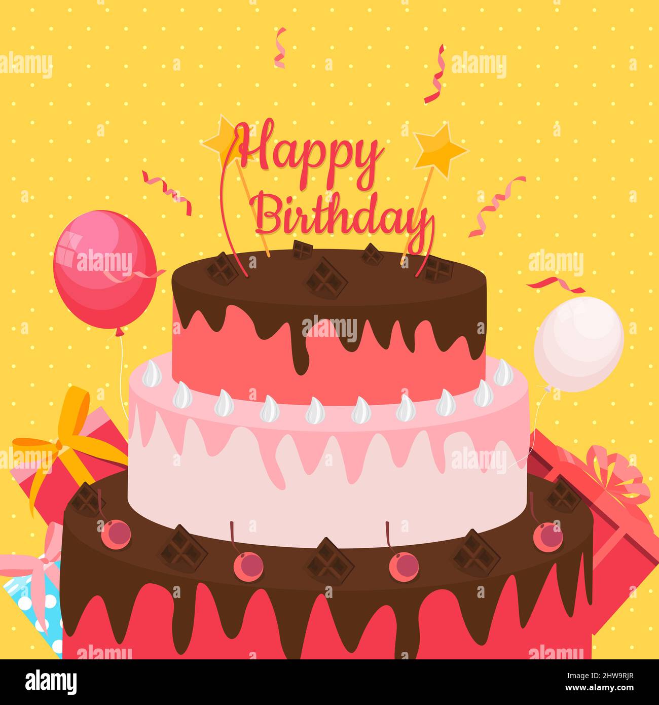 Cute Happy Birthday Background with Gift Box, Cake and Candles. Design  Element for Party Invitation, Congratulation. Illustration Stock Photo -  Alamy