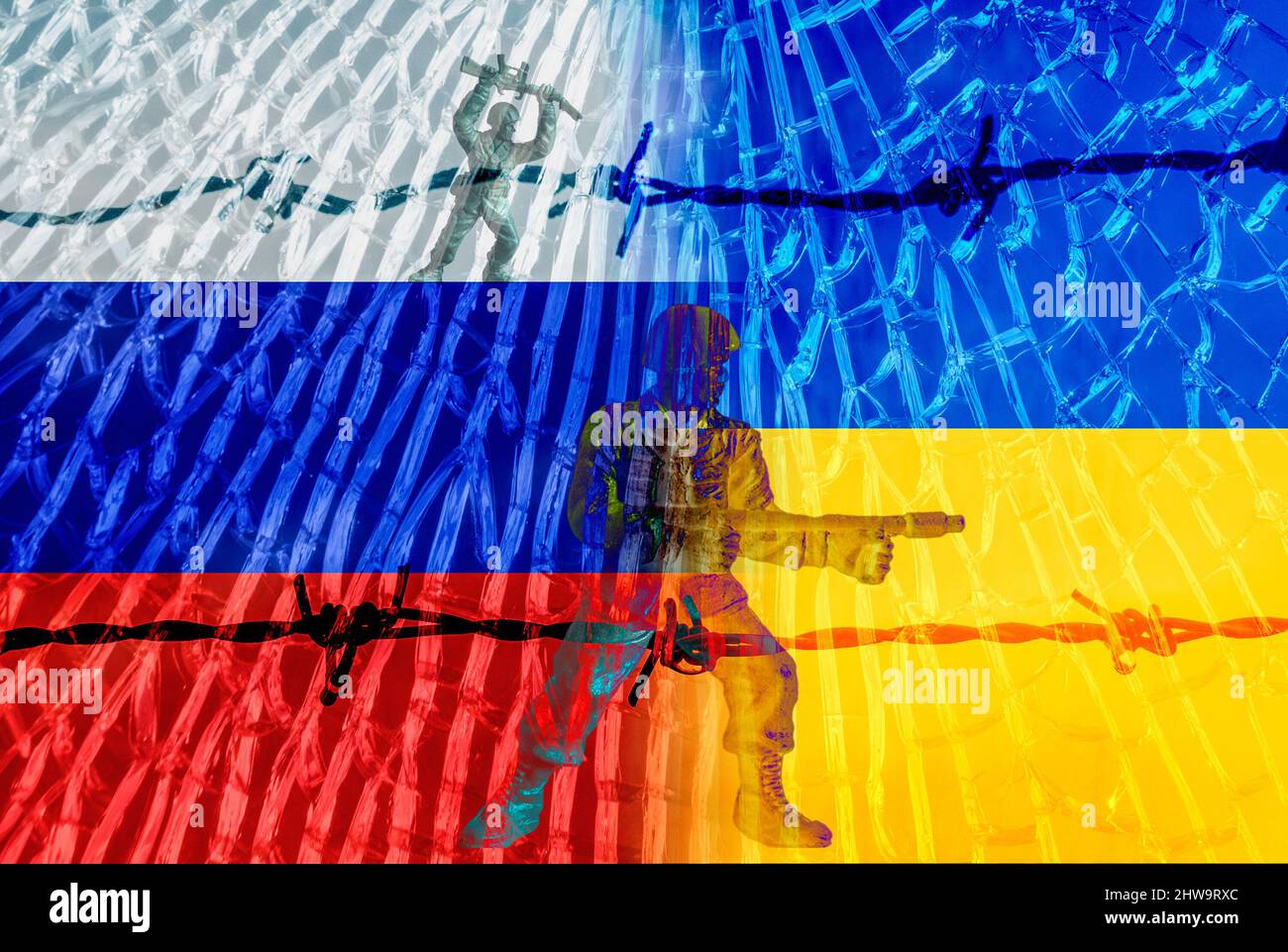 Russian and Ukrainian flags with soldiers entering Ukraine. Conflict, war, refugee, humanitarian crisis Stock Photo