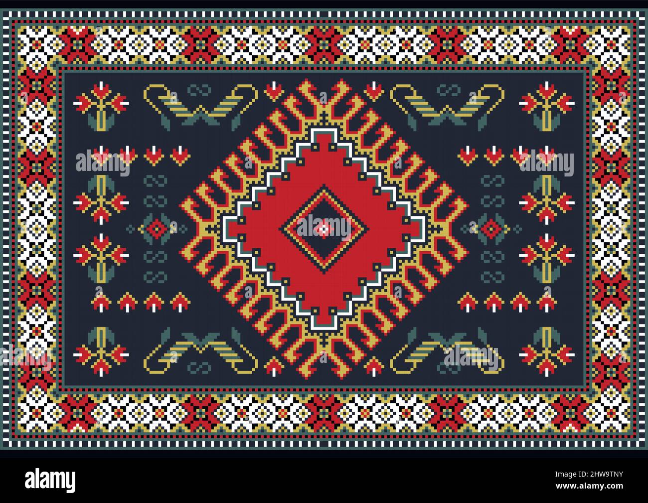 Vintage colorful carpet in blue shades with a red middle with beige ...