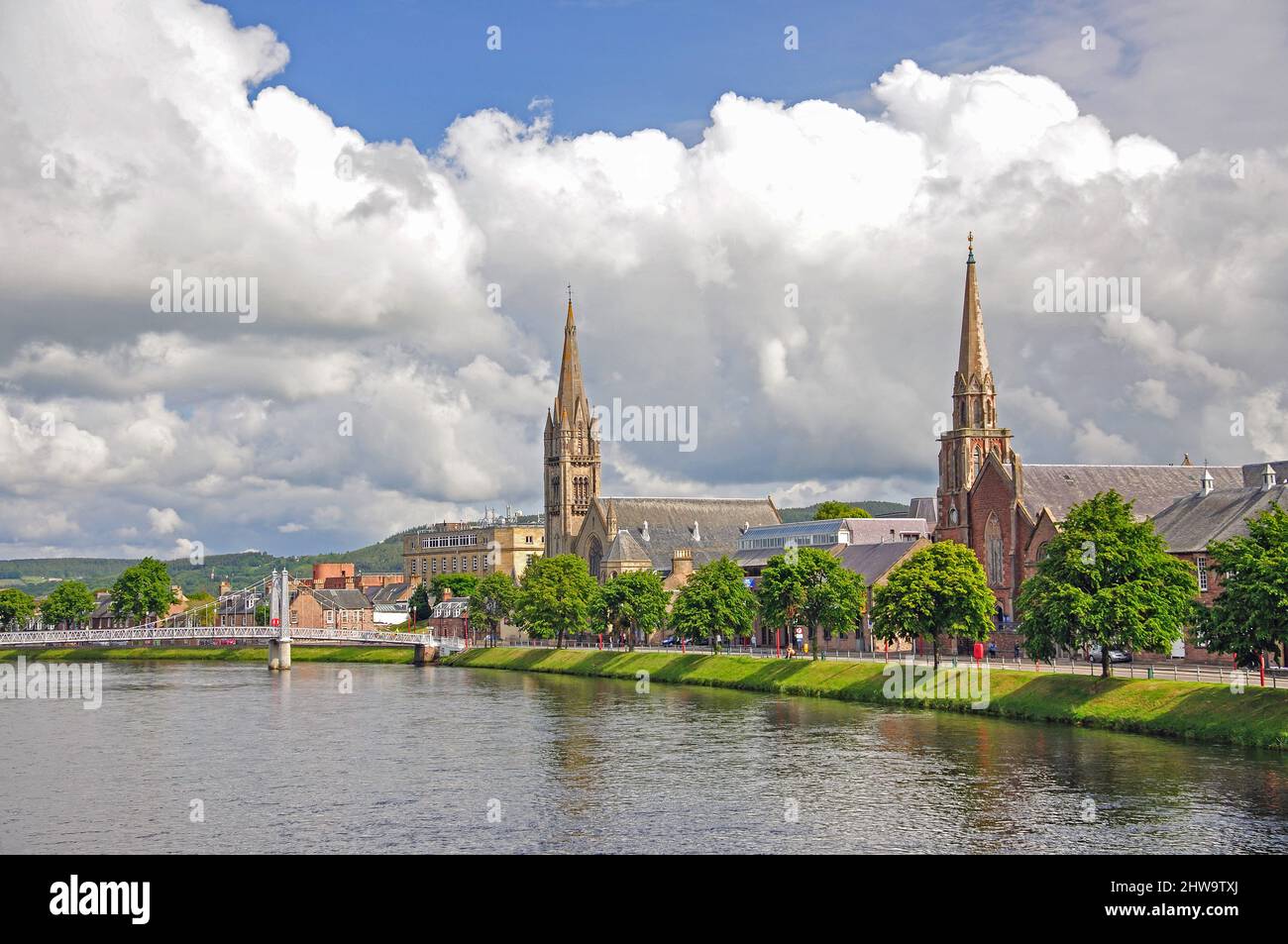 City view across River Ness showing Old High Church, Inverness, Highland, Scotland, United Kingdom Stock Photo