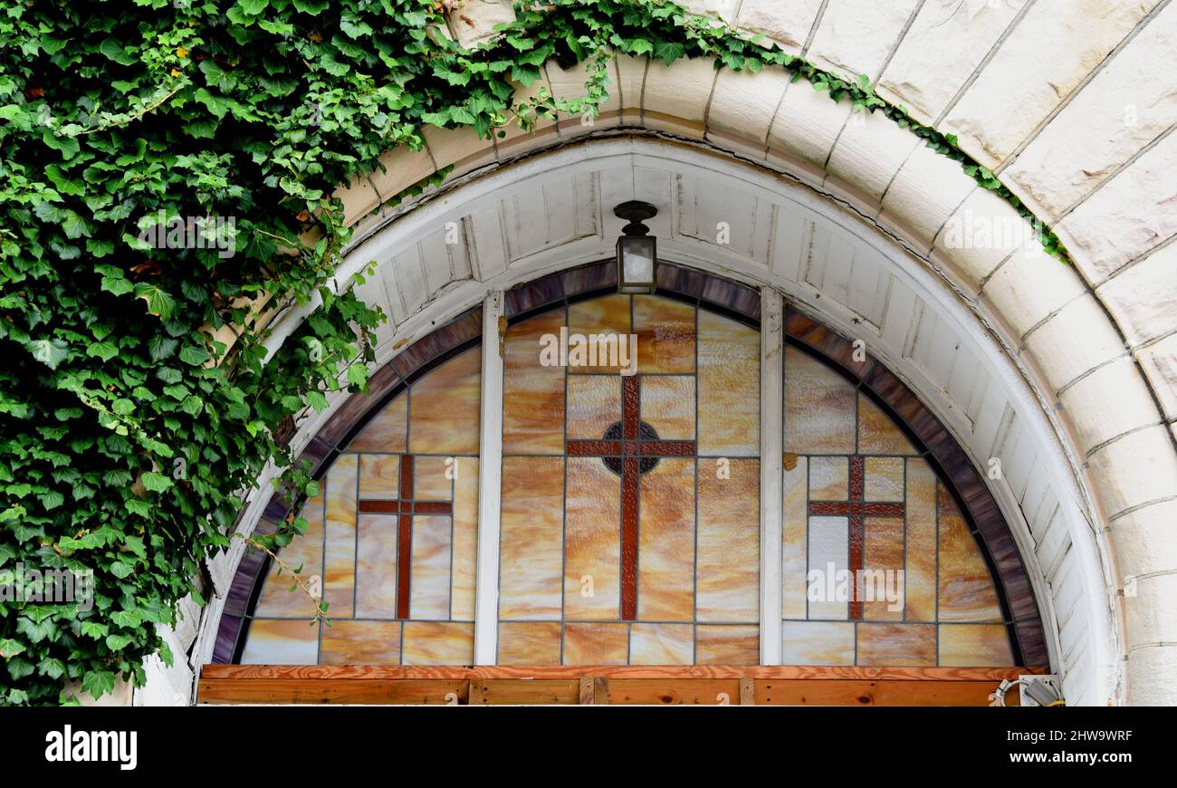 Crosses decorate the arch over entry doors of the Clayborn Temple in