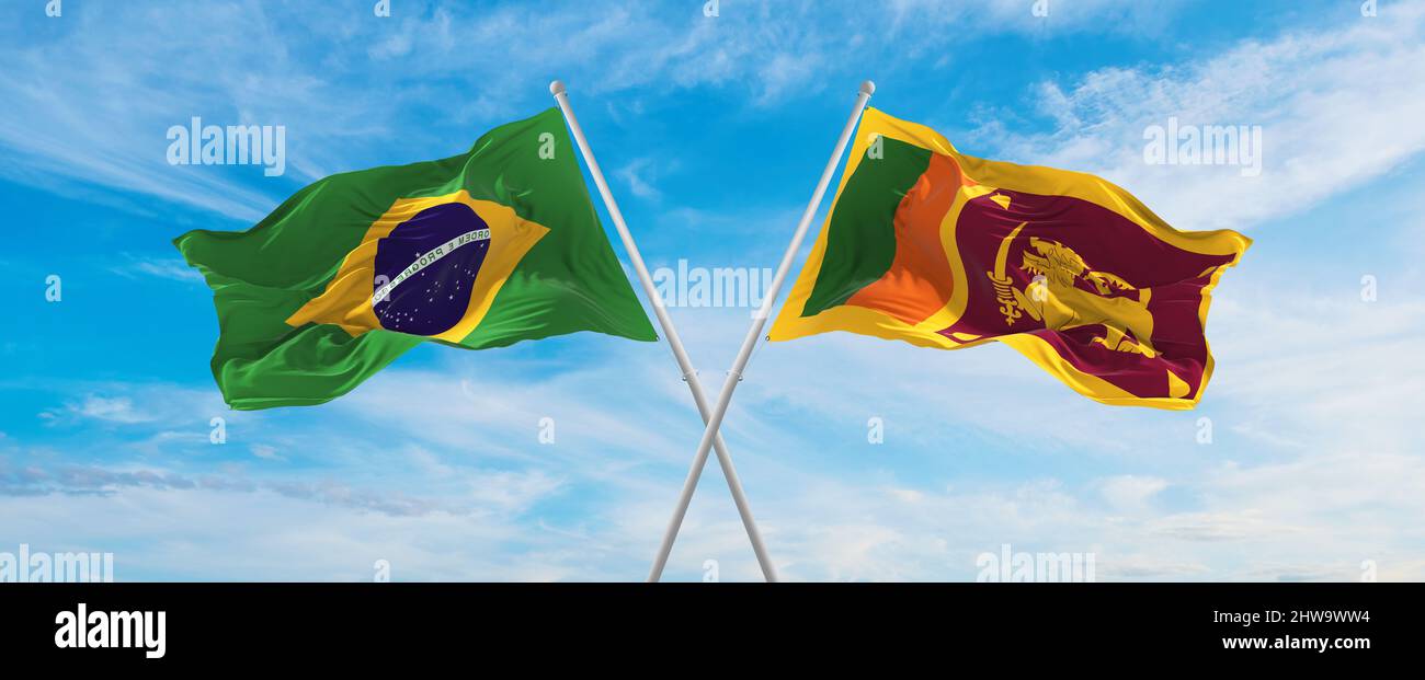 crossed national flags of Brazil and Sri Lanka flag waving in the wind ...