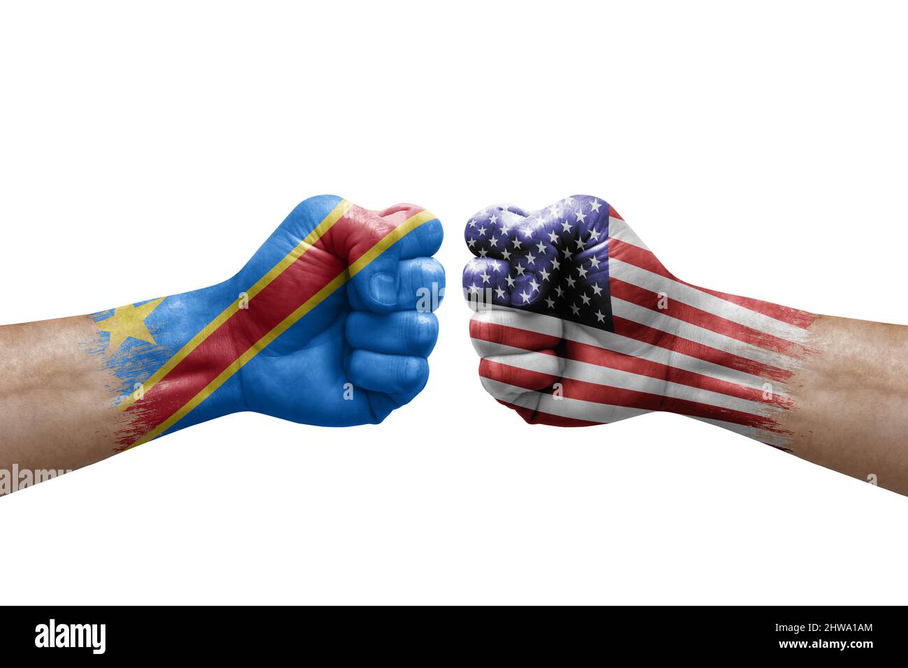 Two hands punch to each others on white background. Country flags painted fists, conflict crisis concept between dr congo and usa Stock Photo
