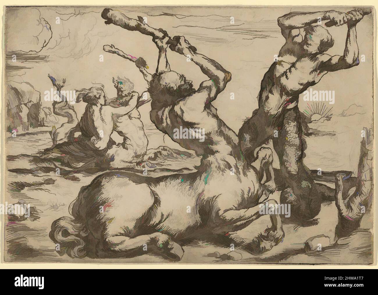 Art inspired by Drawings and Prints, Battle Between a Centaur and a Triton with a Triton, Artist, Formerly attributed to, Jusepe de Ribera, Classic works modernized by Artotop with a splash of modernity. Shapes, color and value, eye-catching visual impact on art. Emotions through freedom of artworks in a contemporary way. A timeless message pursuing a wildly creative new direction. Artists turning to the digital medium and creating the Artotop NFT Stock Photo