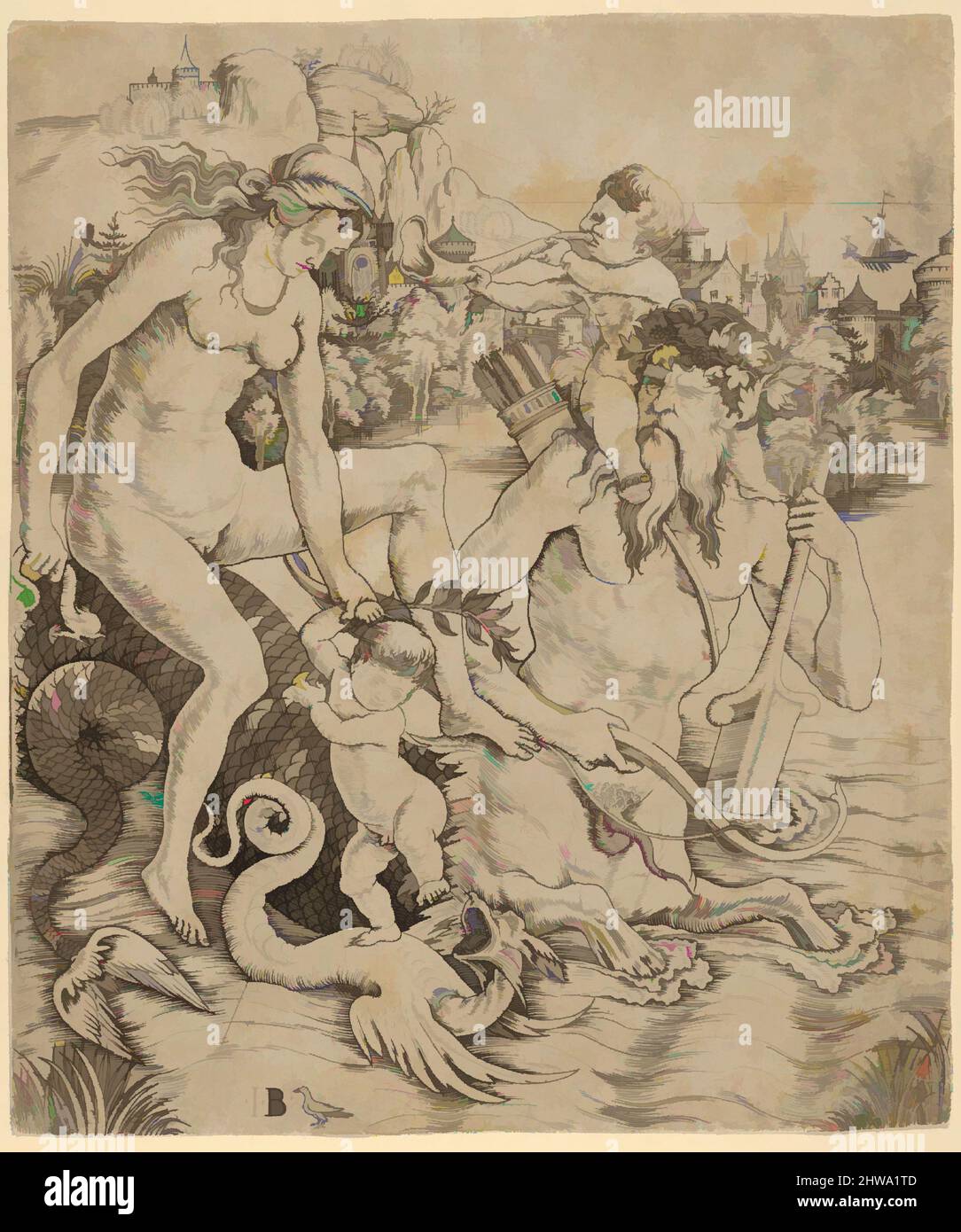 Art inspired by Drawings and Prints, A triton family in the sea, with a mother and child seated on the back of a half-man, half-sea monster, Classic works modernized by Artotop with a splash of modernity. Shapes, color and value, eye-catching visual impact on art. Emotions through freedom of artworks in a contemporary way. A timeless message pursuing a wildly creative new direction. Artists turning to the digital medium and creating the Artotop NFT Stock Photo