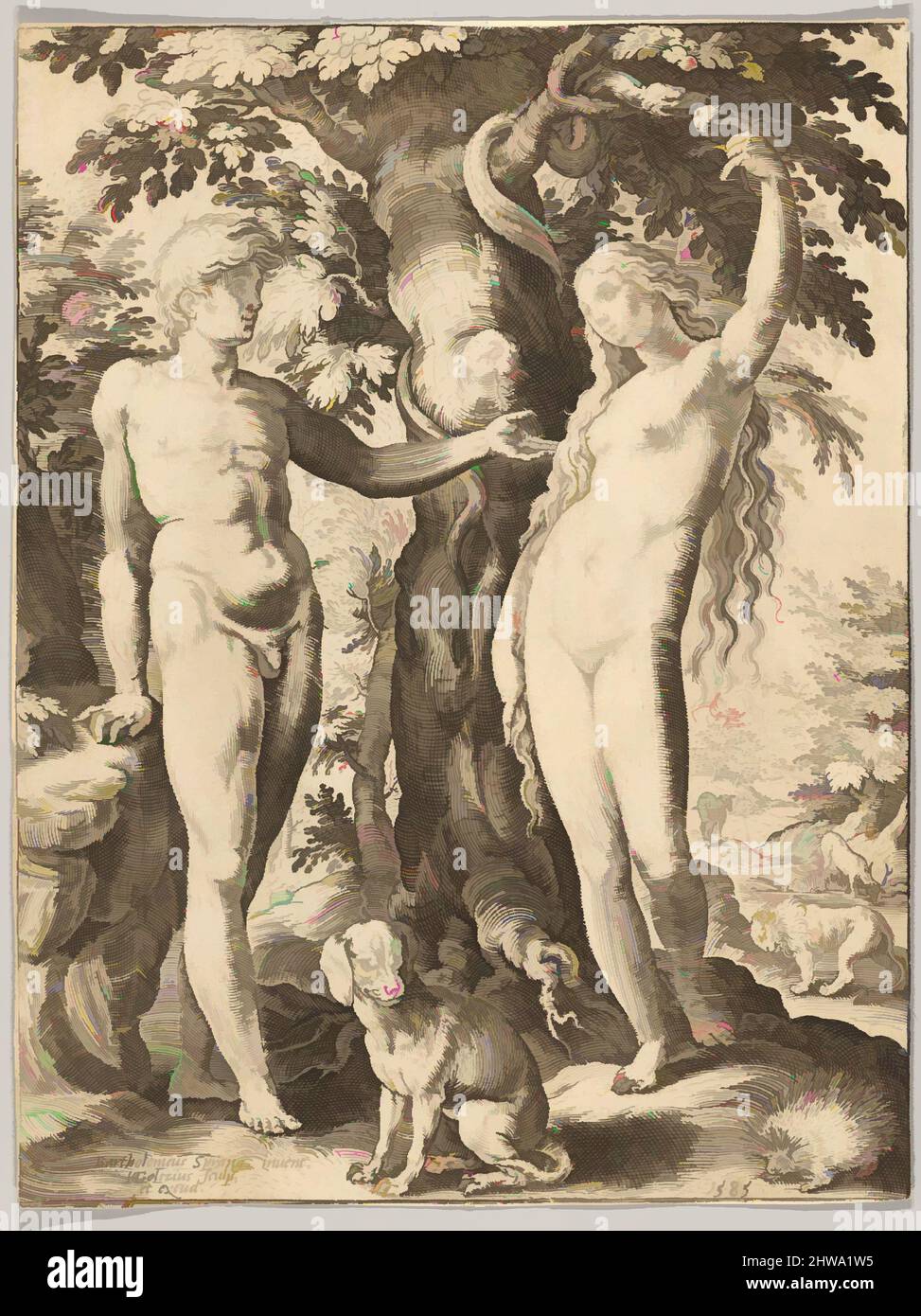 Art inspired by Drawings and Prints, Print, Adam and Eve, Artist, After, Hendrick Goltzius, Bartholomeus Spranger, Netherlandish, Mühlbracht, Classic works modernized by Artotop with a splash of modernity. Shapes, color and value, eye-catching visual impact on art. Emotions through freedom of artworks in a contemporary way. A timeless message pursuing a wildly creative new direction. Artists turning to the digital medium and creating the Artotop NFT Stock Photo