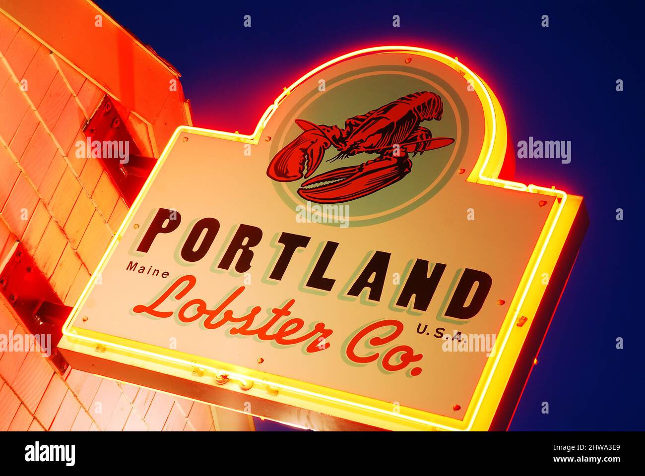 The glowing neon of the Portland Lobster Company sign Stock Photo