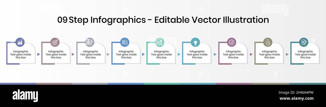 9 Steps Infographics Design Template - Graph, Pie chart, workflow layout, squire diagram, brochure, report, presentation, web design elements Stock Vector