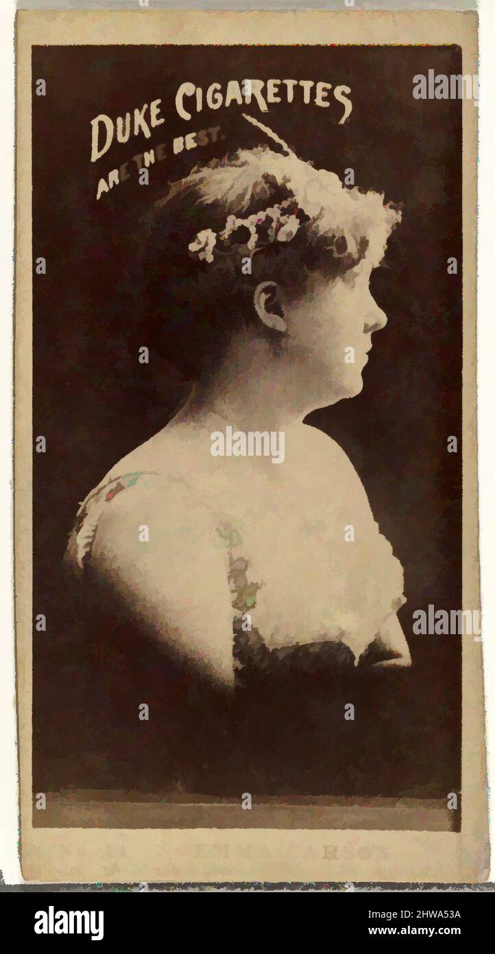 Art inspired by Drawings and Prints, Photograph, Card Number 14, Emma Carson, from the Actors and Actresses series issued by Duke Sons & Co, Classic works modernized by Artotop with a splash of modernity. Shapes, color and value, eye-catching visual impact on art. Emotions through freedom of artworks in a contemporary way. A timeless message pursuing a wildly creative new direction. Artists turning to the digital medium and creating the Artotop NFT Stock Photo