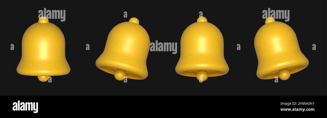 3d notification bell icon set isolated on black background. Stock Vector