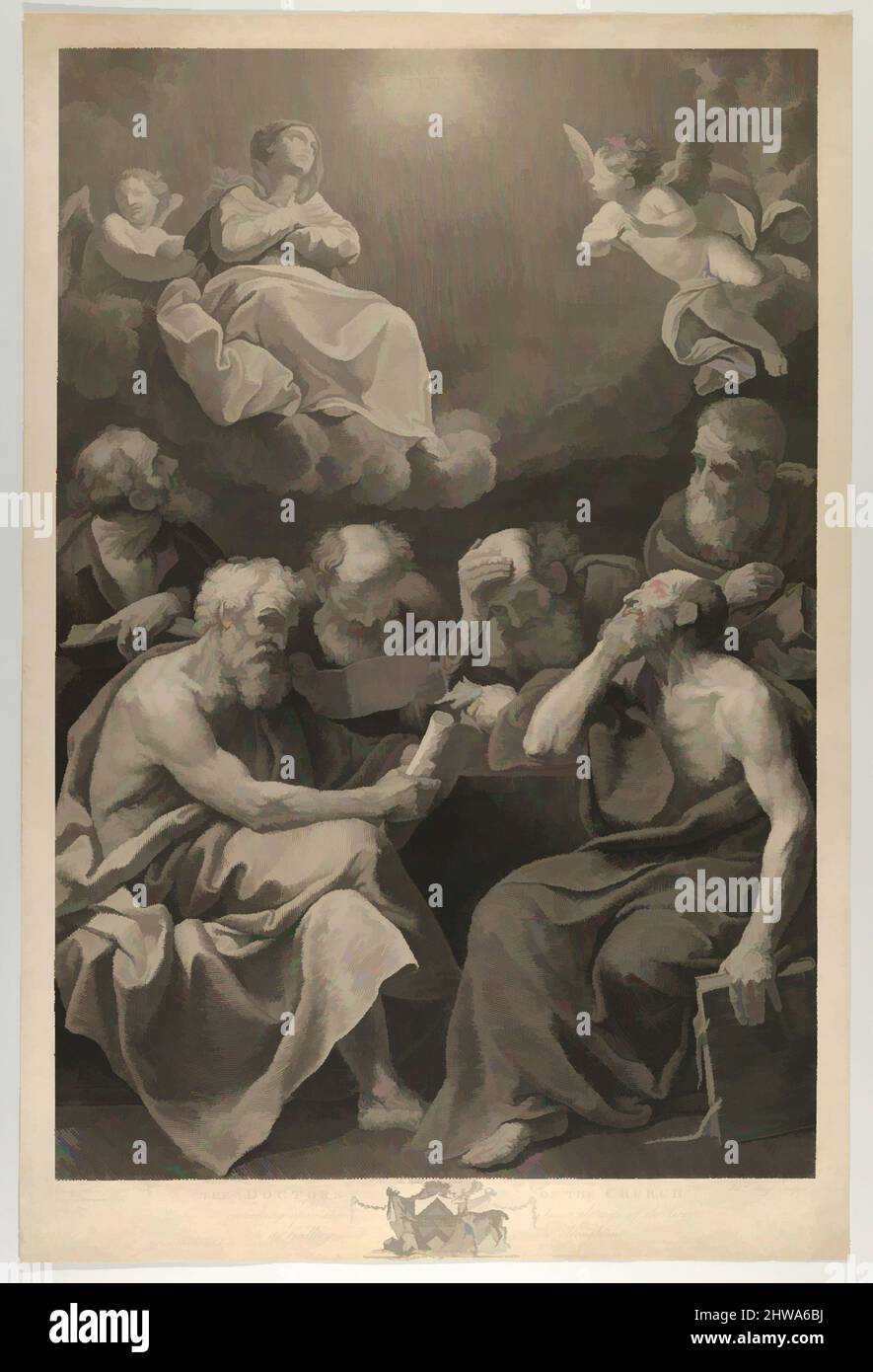 Art inspired by Drawings and Prints, Print, The doctors of the church consulting books and documents and contemplating the Virgin who is shown, Classic works modernized by Artotop with a splash of modernity. Shapes, color and value, eye-catching visual impact on art. Emotions through freedom of artworks in a contemporary way. A timeless message pursuing a wildly creative new direction. Artists turning to the digital medium and creating the Artotop NFT Stock Photo