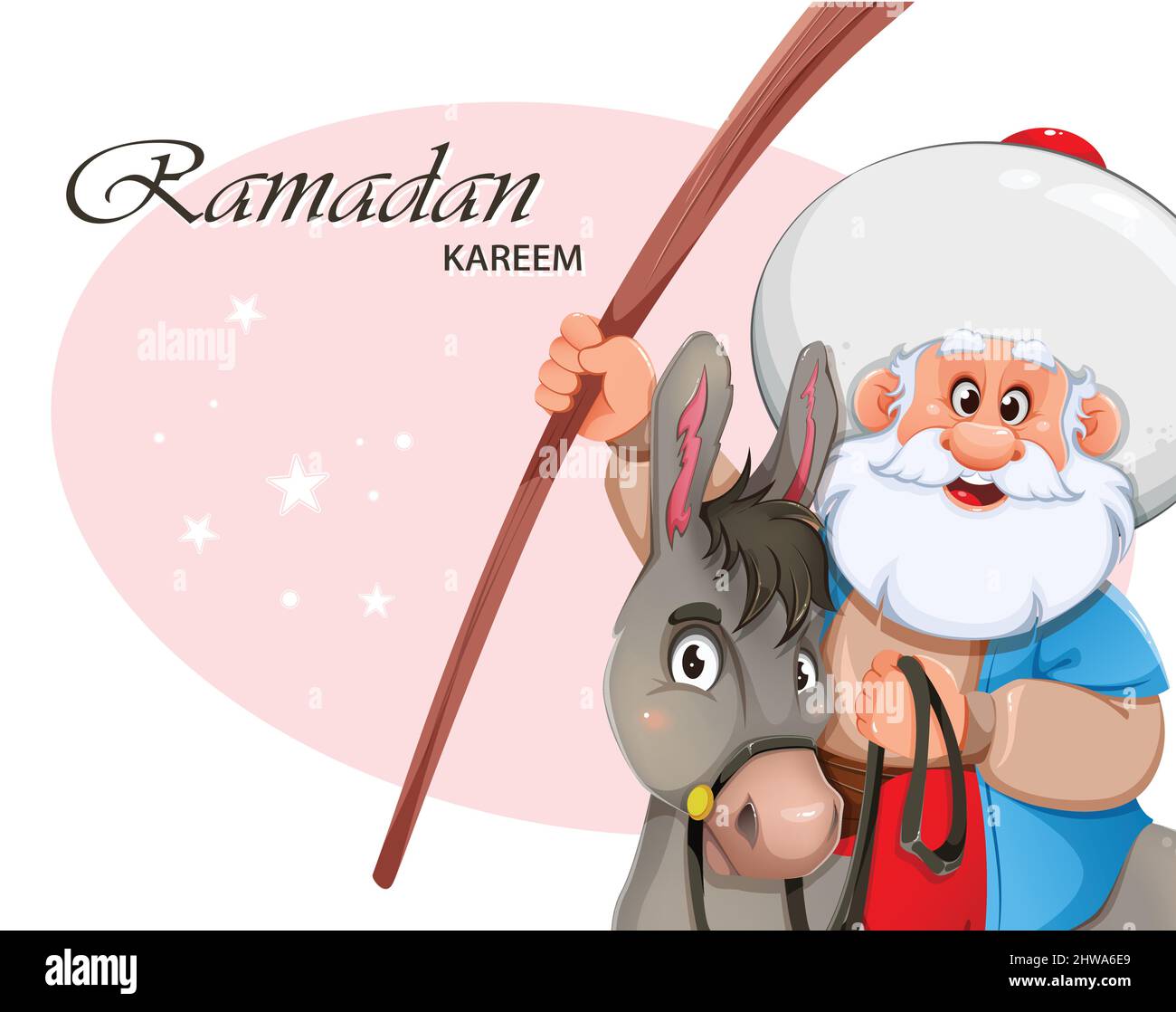 Ramadan Kareem greeting card. Happy Ramadan. Eid al-Adha Mubarak. Funny  cartoon character Nasreddin Hodja sitting on donkey. Kurban Bayrami. Stock  vec Stock Vector Image & Art - Alamy
