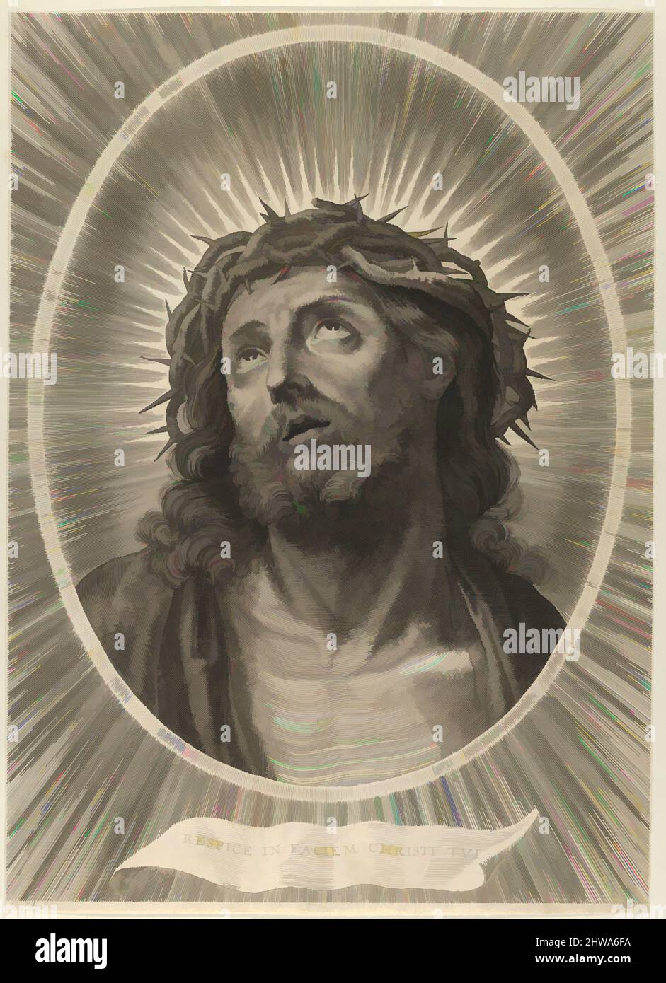 Art inspired by Drawings and Prints, Print, Head of Christ looking up with crown of thorns, in an oval frame, after Reni, Classic works modernized by Artotop with a splash of modernity. Shapes, color and value, eye-catching visual impact on art. Emotions through freedom of artworks in a contemporary way. A timeless message pursuing a wildly creative new direction. Artists turning to the digital medium and creating the Artotop NFT Stock Photo