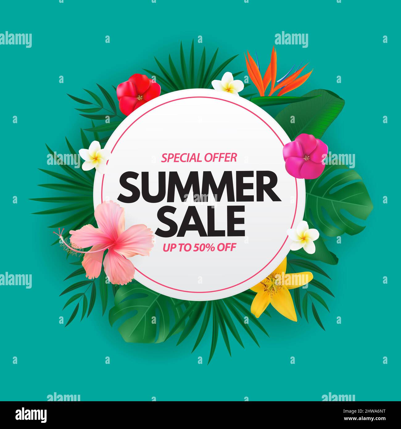 Summer sale poster. Natural Background with Tropical Palm and Monstera ...