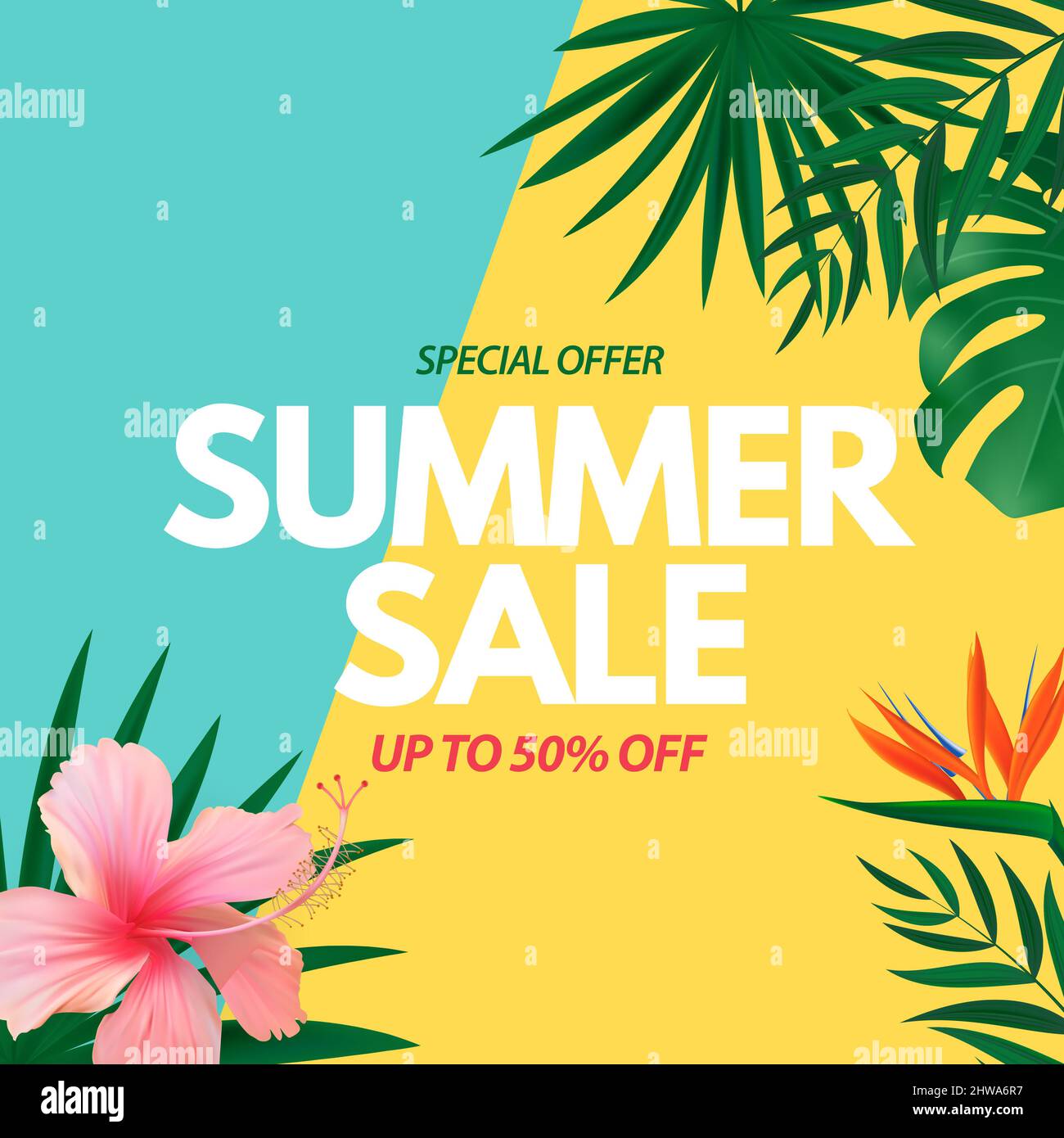 Summer sale poster. Natural Background with Tropical Palm and Monstera ...
