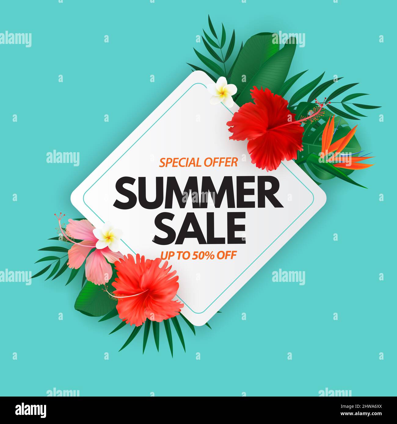 Summer sale poster. Natural Background with Tropical Palm and Monstera ...