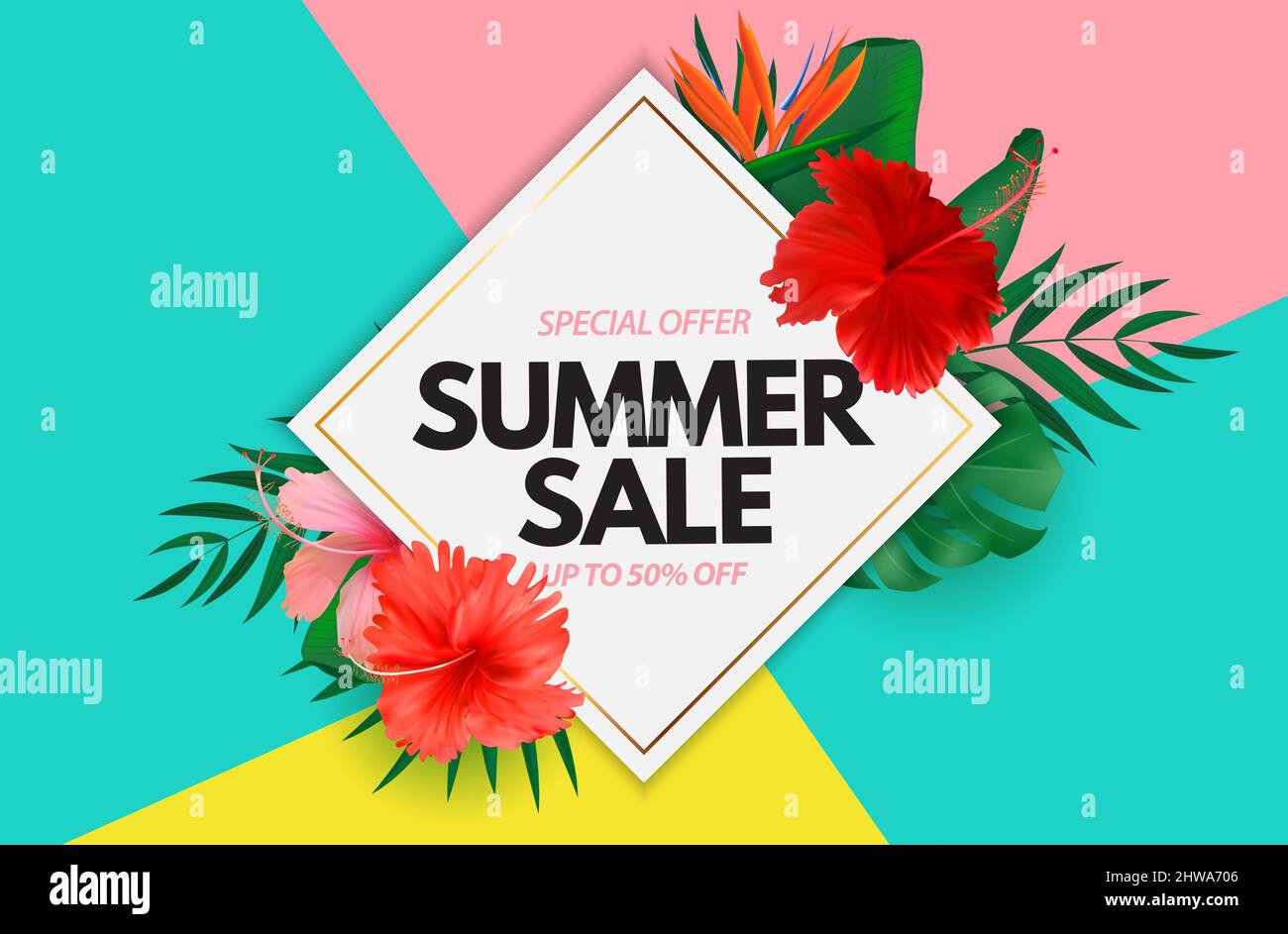 Summer sale poster. Natural Background with Tropical Palm and Monstera ...