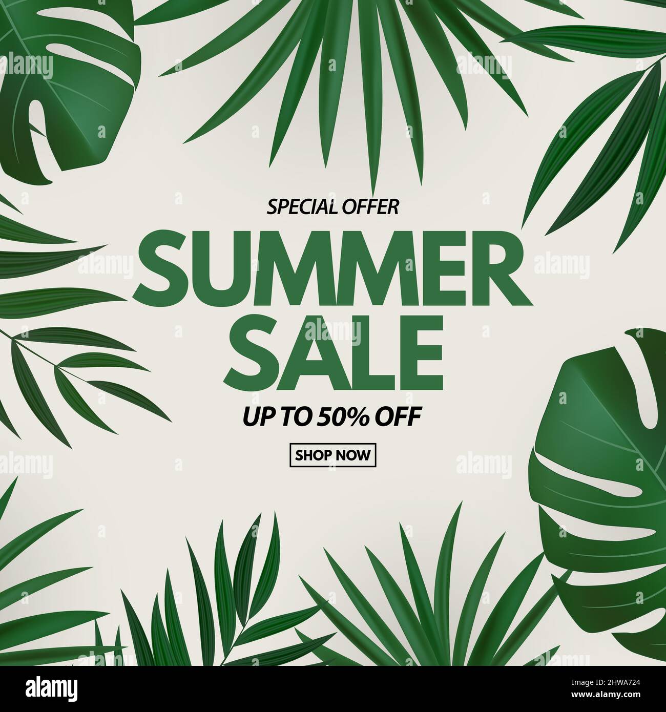 Summer sale poster. Natural Background with Tropical Palm and Monstera ...