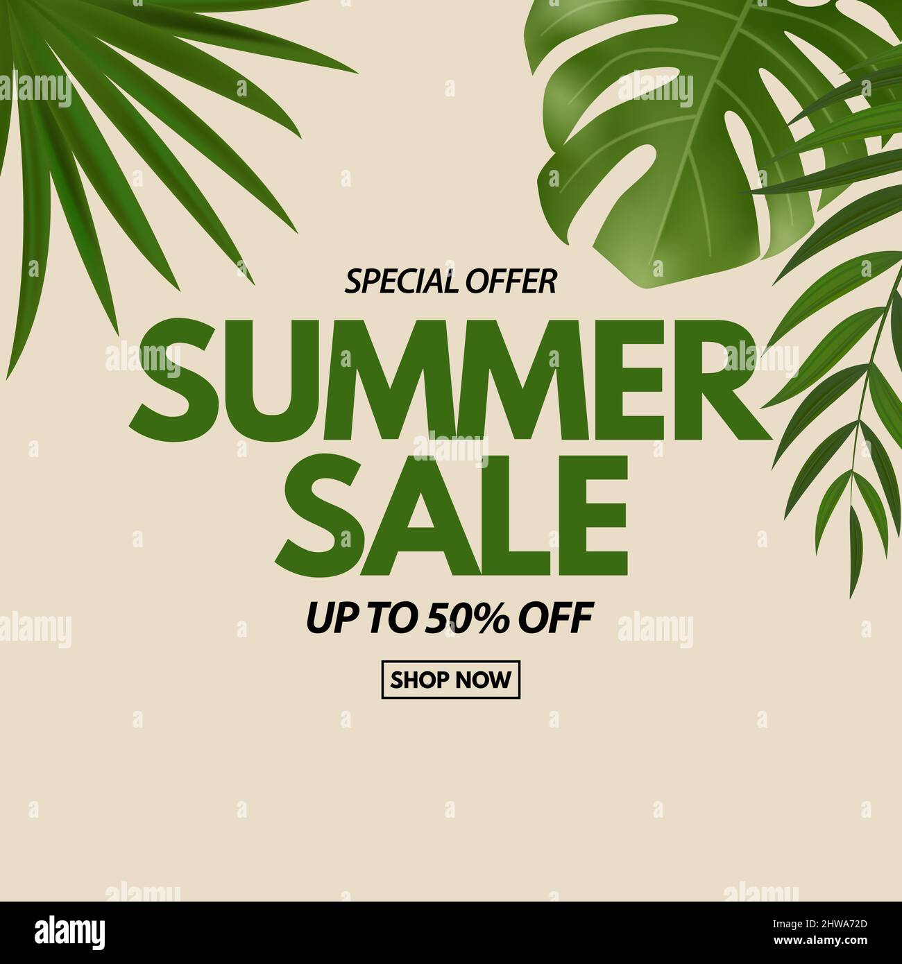Summer sale poster. Natural Background with Tropical Palm and Monstera ...