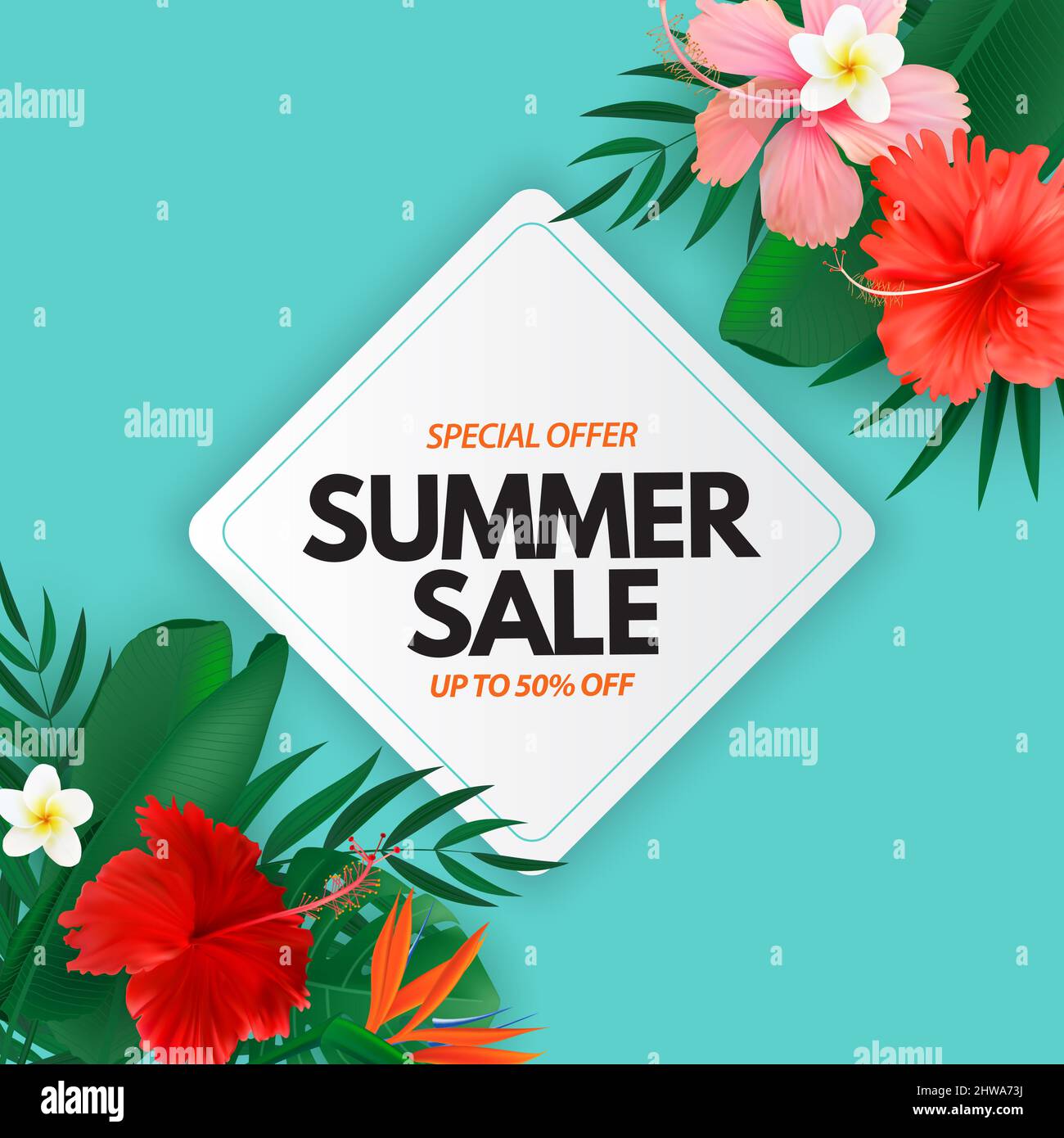 Summer sale poster. Natural Background with Tropical Palm and Monstera ...