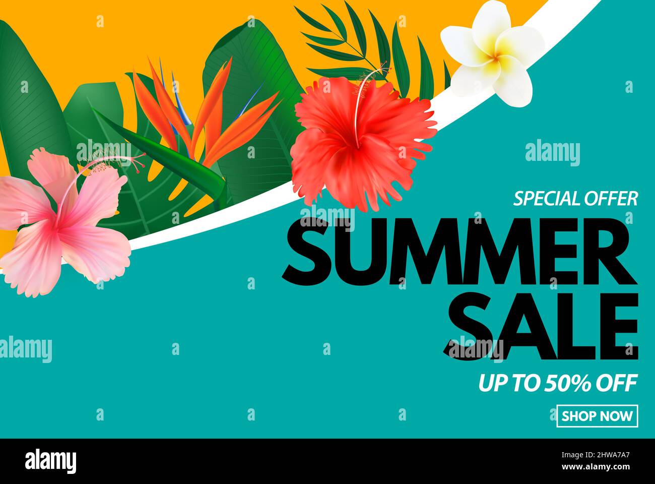 Summer sale poster. Natural Background with Tropical Palm and Monstera ...
