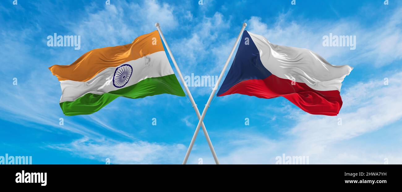 crossed national flags of India and Czech Republic flag waving in the ...