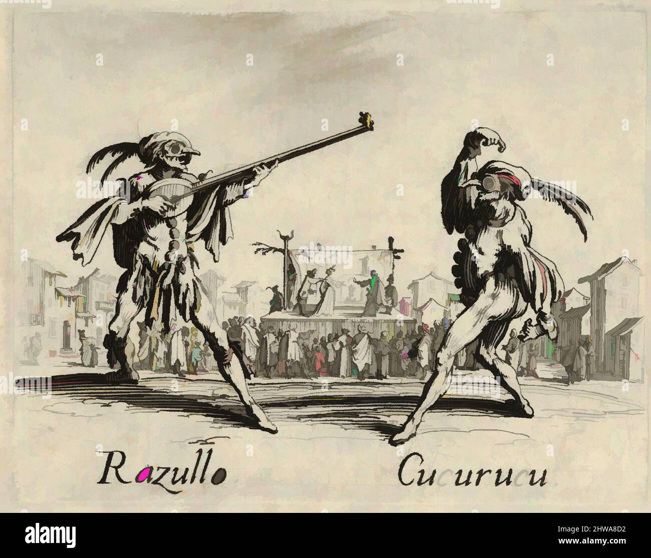 Art inspired by Drawings and Prints, Print, Razullo - Cucurucu, from the Balli di Sfessania, Artist, Jacques Callot, French, Nancy 1592–1635, Classic works modernized by Artotop with a splash of modernity. Shapes, color and value, eye-catching visual impact on art. Emotions through freedom of artworks in a contemporary way. A timeless message pursuing a wildly creative new direction. Artists turning to the digital medium and creating the Artotop NFT Stock Photo