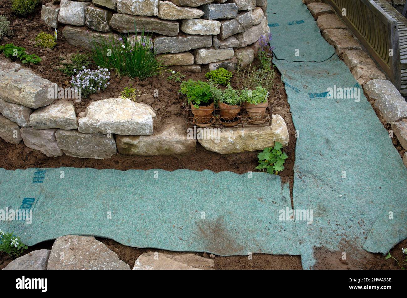 weed liner in a newly buildt herb bed, Germany Stock Photo