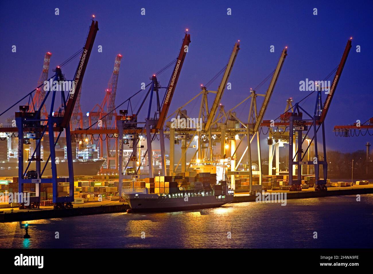 Cranes at the container terminal Burchardkai in the evening, Port of Hamburg, Germany, Hamburg Stock Photo