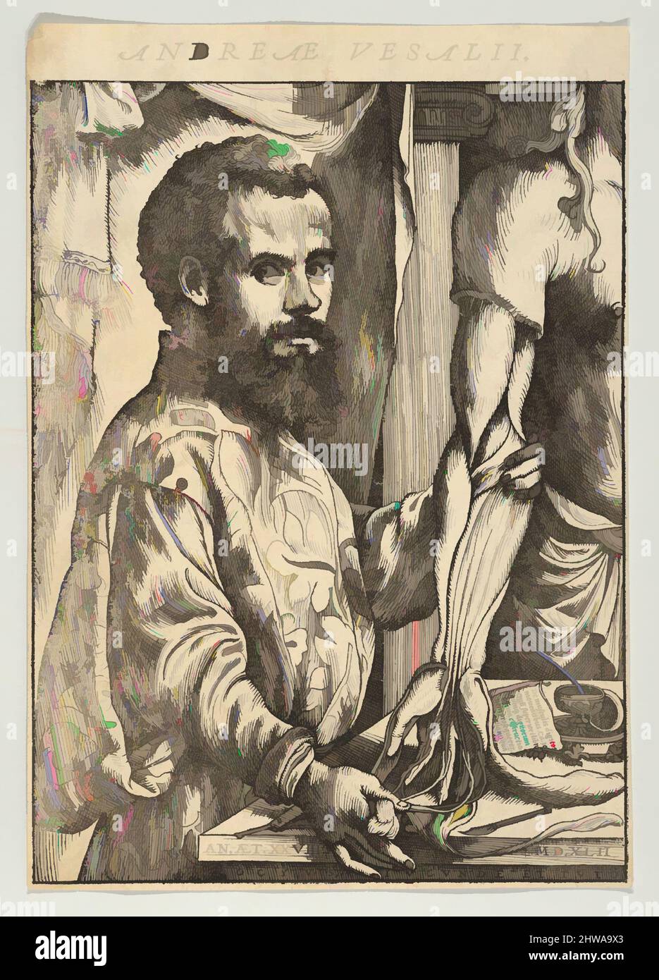 Art inspired by Drawings and Prints, Print, Portrait of Andreas Vesalius, half-length in profile standing in front of a table, Classic works modernized by Artotop with a splash of modernity. Shapes, color and value, eye-catching visual impact on art. Emotions through freedom of artworks in a contemporary way. A timeless message pursuing a wildly creative new direction. Artists turning to the digital medium and creating the Artotop NFT Stock Photo
