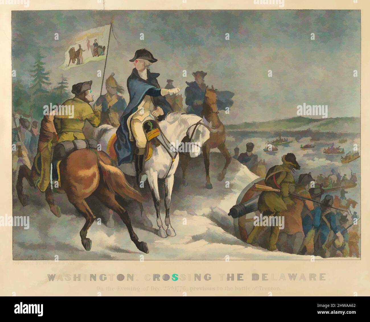 Art inspired by Drawings and Prints, Washington, Crossing the Delaware–On the Evening of Dec. 25th 1776, previous to the Battle of Trenton, Classic works modernized by Artotop with a splash of modernity. Shapes, color and value, eye-catching visual impact on art. Emotions through freedom of artworks in a contemporary way. A timeless message pursuing a wildly creative new direction. Artists turning to the digital medium and creating the Artotop NFT Stock Photo