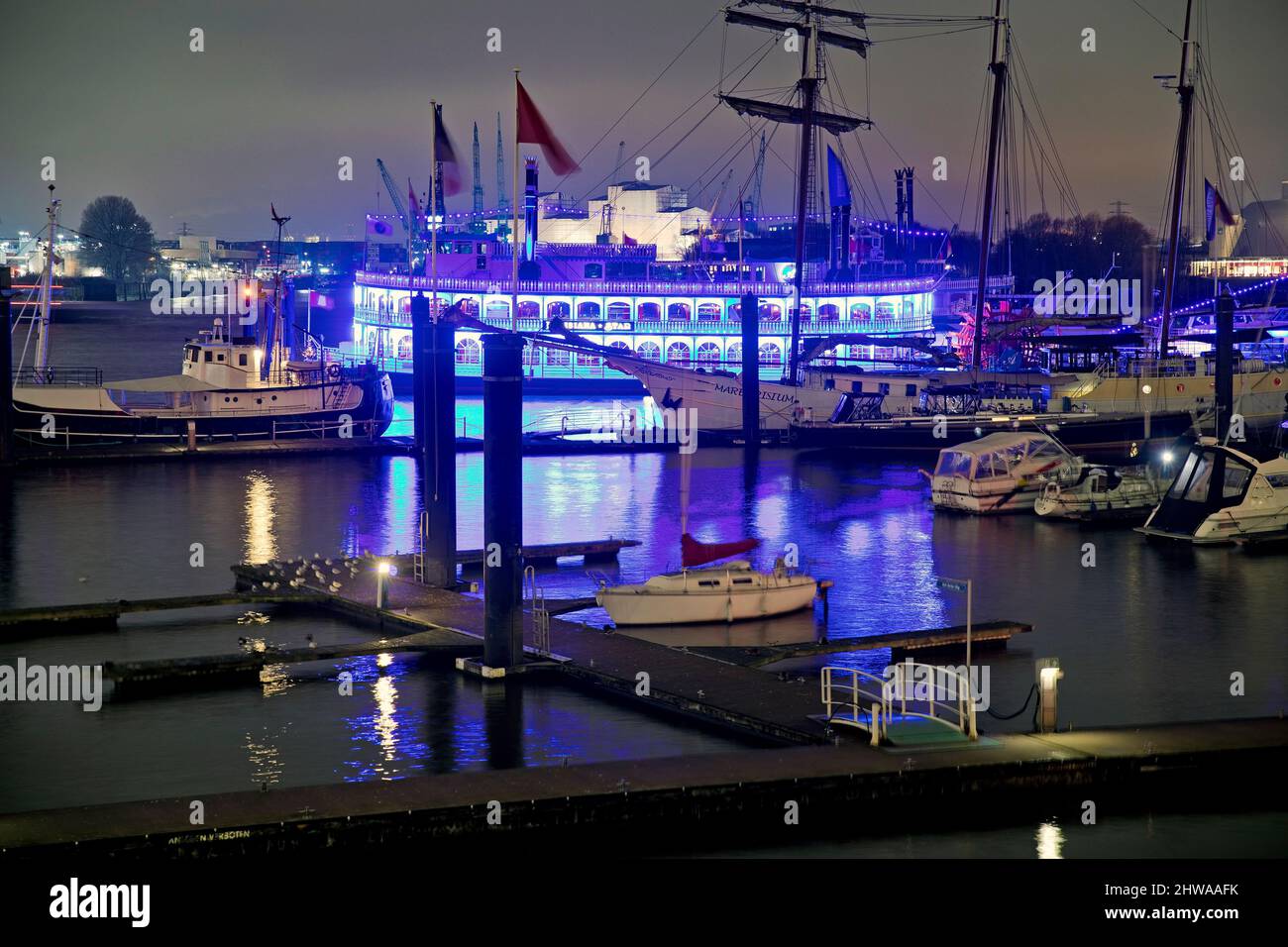 Blue illuminated purification plant Koehlbrandhoeft at the Port of Hamburg in the evening, Germany, Hamburg Stock Photo